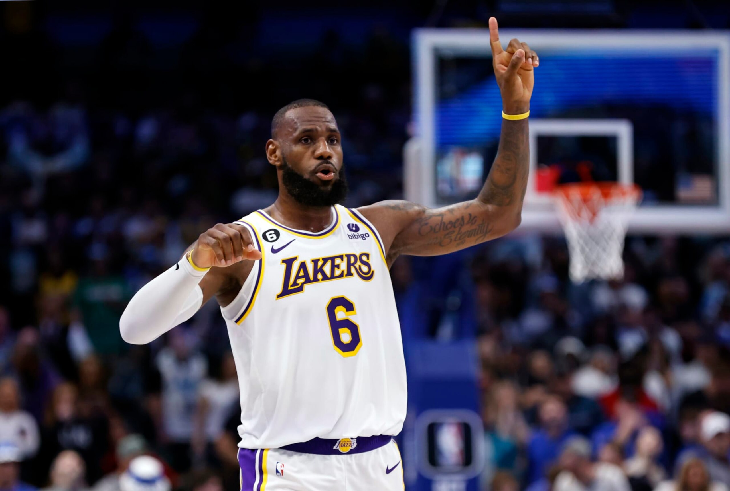 DALLAS, TX - FEBRUARY 26 :  LeBron James #6 of the Los Angeles Lakers reacts against the Dallas Mavericks for a rebound in the first half at American Airlines Center on February 26, 2023 in Dallas, Texas. NOTE TO USER: User expressly acknowledges and agrees that, by downloading and or using this photograph, User is consenting to the terms and conditions of the Getty Images License Agreement. (Photo by Ron Jenkins/Getty Images)
