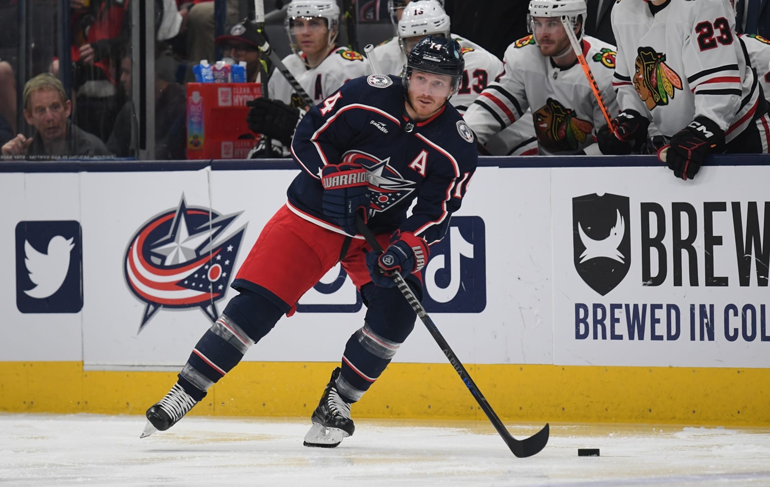 COLUMBUS, OHIO - DECEMBER 31: Gustav Nyquist #14 of the Columbus Blue Jackets skates with the puck in the third period during the game against the Chicago Blackhawks at Nationwide Arena on December 31, 2022 in Columbus, Ohio. (Photo by Justin Berl/NHLI via Getty Images)