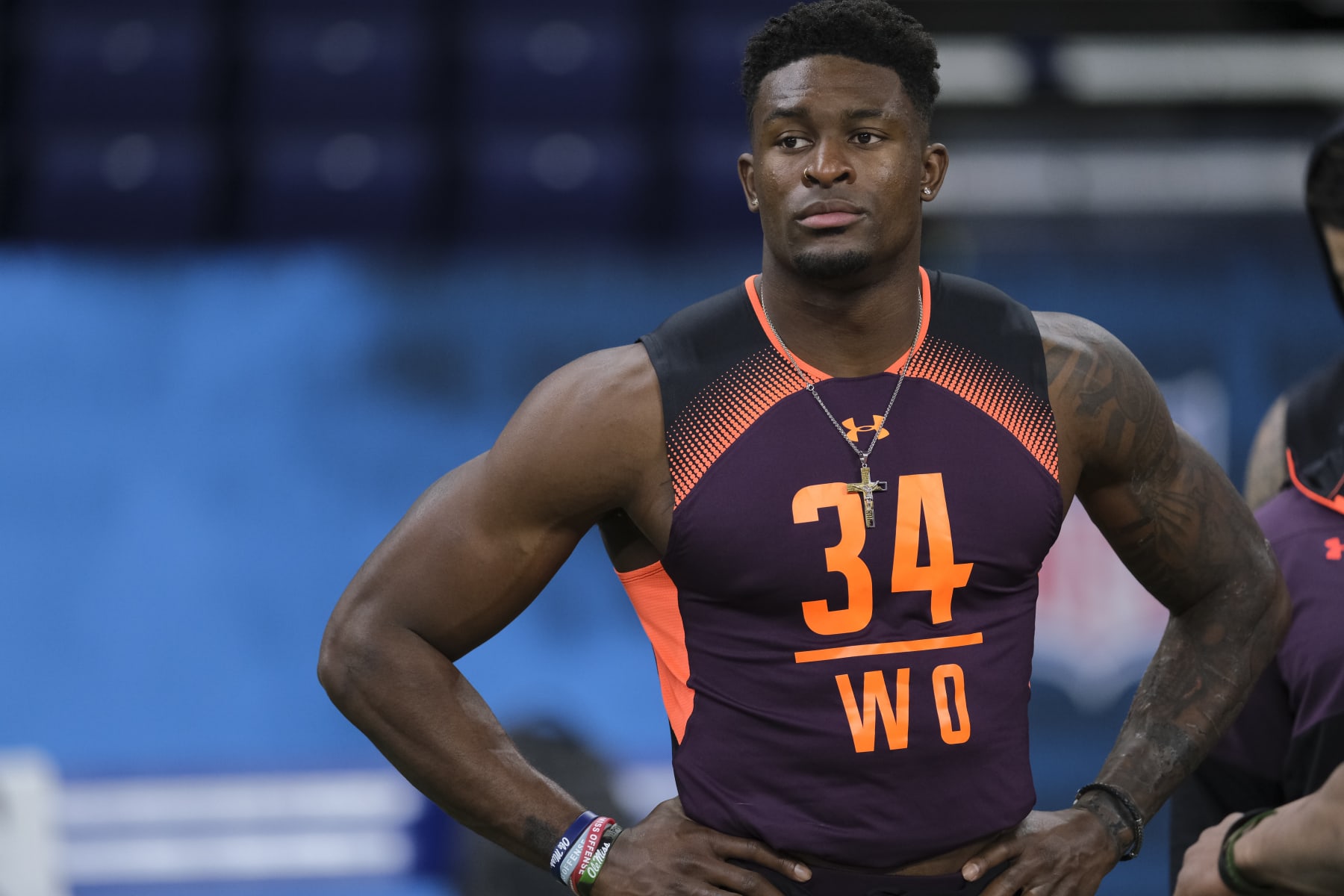 Mississippi wide receiver D.K. Metcalf warms up at the NFL football scouting combine in Indianapolis, Thursday, Feb. 28, 2019. (AP Photo/AJ Mast)