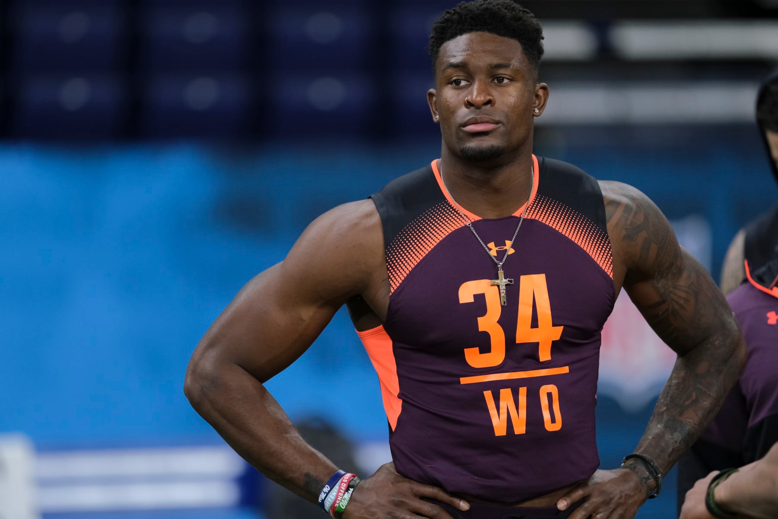 Mississippi wide receiver D.K. Metcalf warms up at the NFL football scouting combine in Indianapolis, Thursday, Feb. 28, 2019. (AP Photo/AJ Mast)