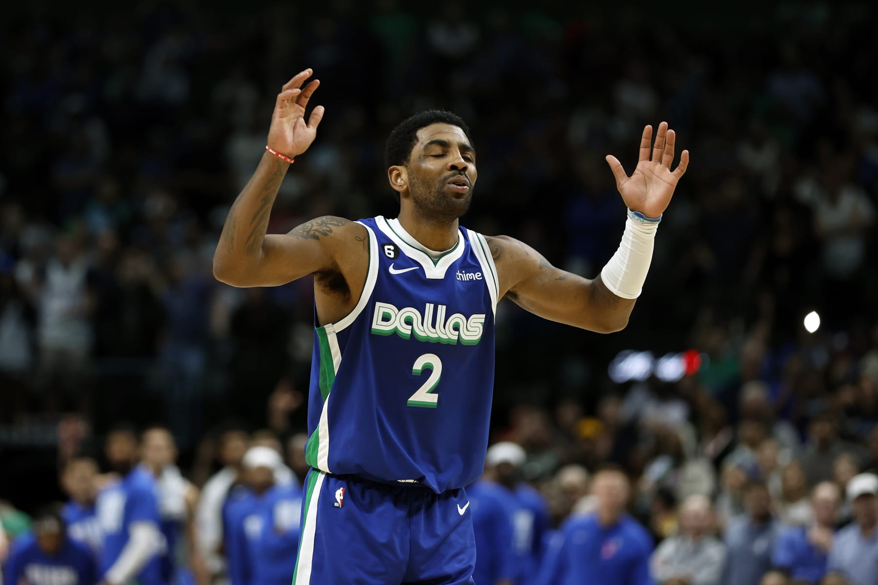 DALLAS, TEXAS - FEBRUARY 28: Kyrie Irving #2 of the Dallas Mavericks reacts after a missed shot in the second half against the Indiana Pacers at American Airlines Center on February 28, 2023 in Dallas, Texas. NOTE TO USER: User expressly acknowledges and agrees that, by downloading and or using this photograph, User is consenting to the terms and conditions of the Getty Images License Agreement. (Photo by Tim Heitman/Getty Images)