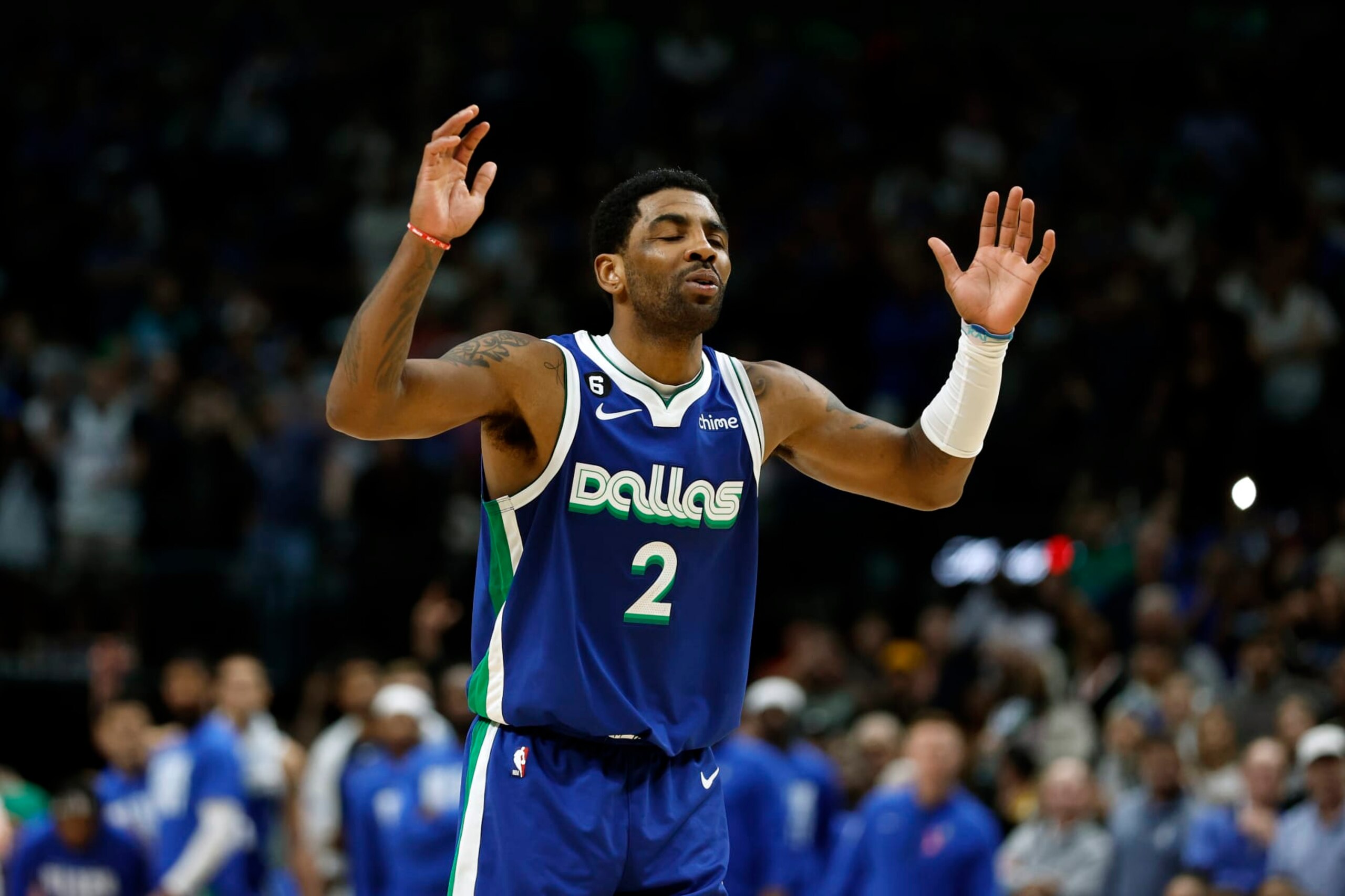 DALLAS, TEXAS - FEBRUARY 28: Kyrie Irving #2 of the Dallas Mavericks reacts after a missed shot in the second half against the Indiana Pacers at American Airlines Center on February 28, 2023 in Dallas, Texas. NOTE TO USER: User expressly acknowledges and agrees that, by downloading and or using this photograph, User is consenting to the terms and conditions of the Getty Images License Agreement. (Photo by Tim Heitman/Getty Images)