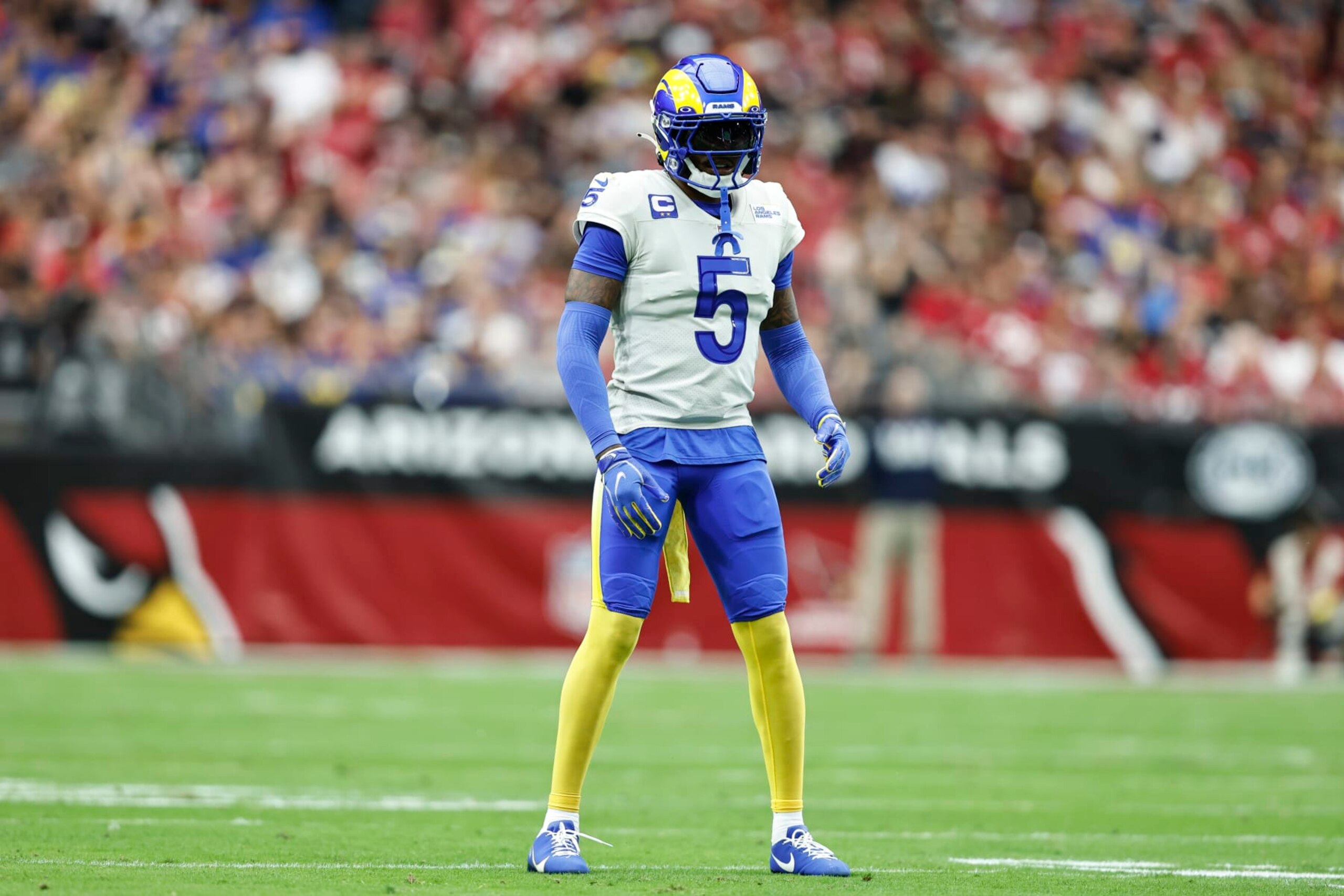 GLENDALE, ARIZONA - SEPTEMBER 25: Jalen Ramsey #5 of the Los Angeles Rams lines up during an NFL football game between the Arizona Cardinals and the Los Angeles Rams at State Farm Stadium on September 25, 2022 in Glendale, Arizona. The Los Angeles Rams won 20-12. (Photo by Michael Owens/Getty Images) GLENDALE, ARIZONA - SEPTEMBER 25: Jalen Ramsey #5 of the Los Angeles Rams lines up during an NFL football game between the Arizona Cardinals and the Los Angeles Rams at State Farm Stadium on September 25, 2022 in Glendale, Arizona. The Los Angeles Rams won 20-12. (Photo by Michael Owens/Getty Images)