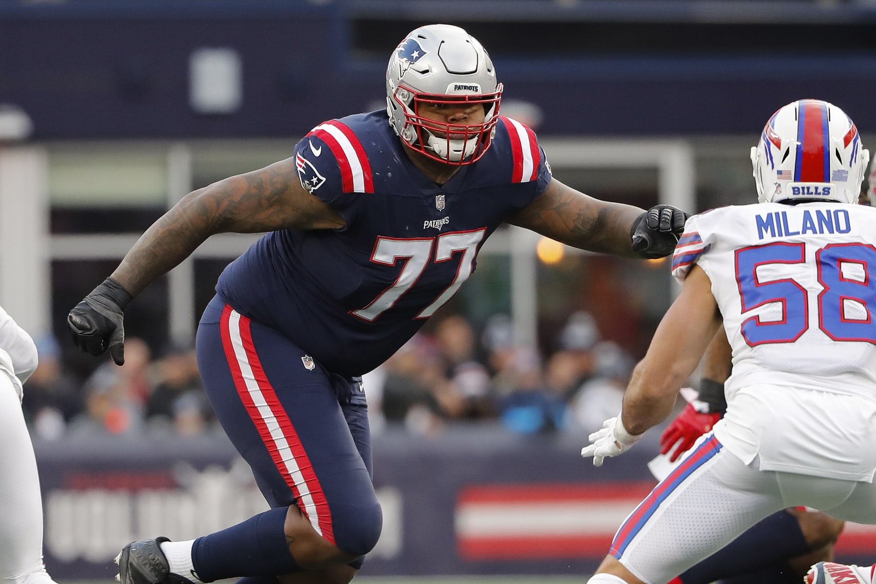 New England Patriots offensive tackle Trent Brown moves to block against the Buffalo Bills during an NFL football game at Gillette Stadium Sunday, Dec. 26, 2021, in Foxborough, Mass. (AP Photo/Winslow Townson)