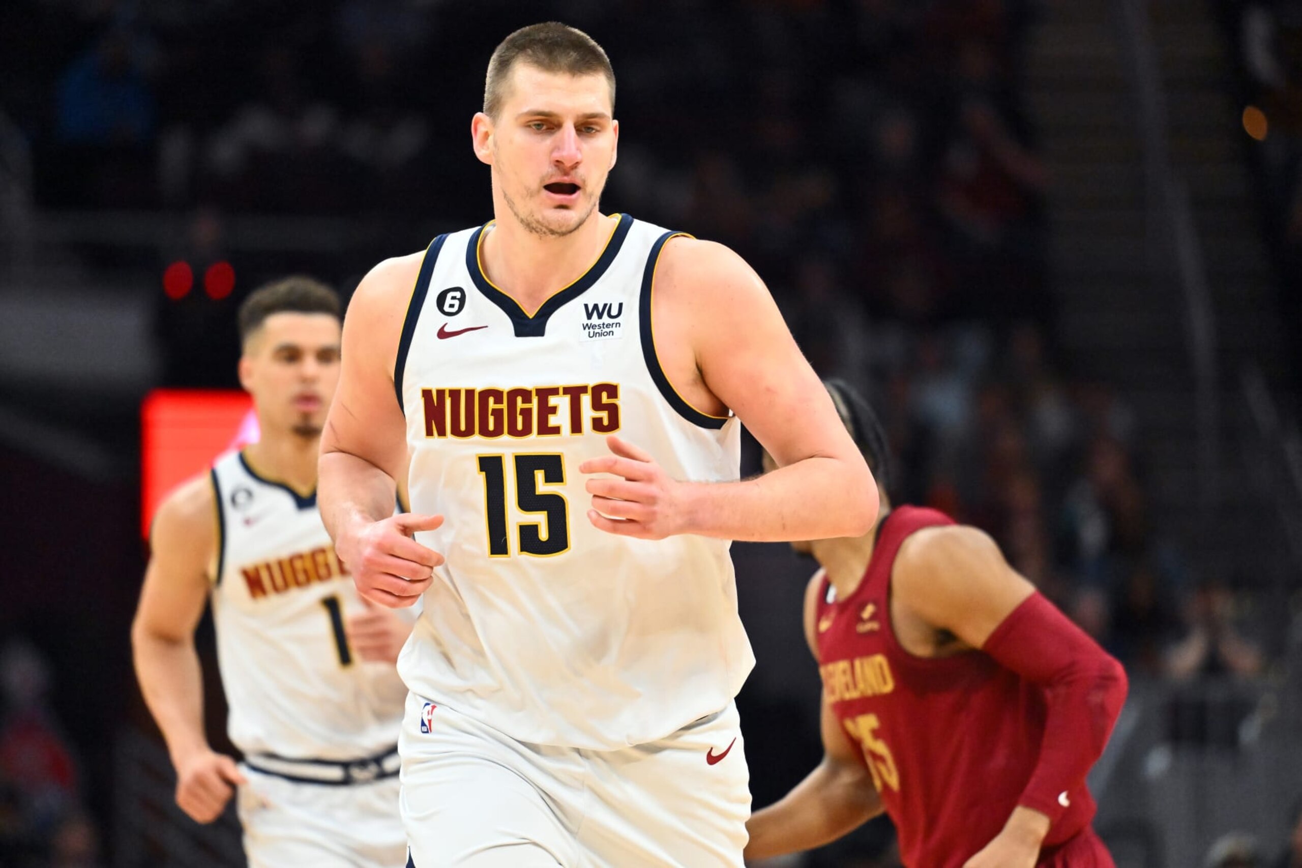 CLEVELAND, OHIO - FEBRUARY 23: Nikola Jokic #15 of the Denver Nuggets runs back down court after scoring during the fourth quarter against the Cleveland Cavaliers at Rocket Mortgage Fieldhouse on February 23, 2023 in Cleveland, Ohio. The Nuggets defeated the Cavaliers 115-109. NOTE TO USER: User expressly acknowledges and agrees that, by downloading and or using this photograph, User is consenting to the terms and conditions of the Getty Images License Agreement. (Photo by Jason Miller/Getty Images)