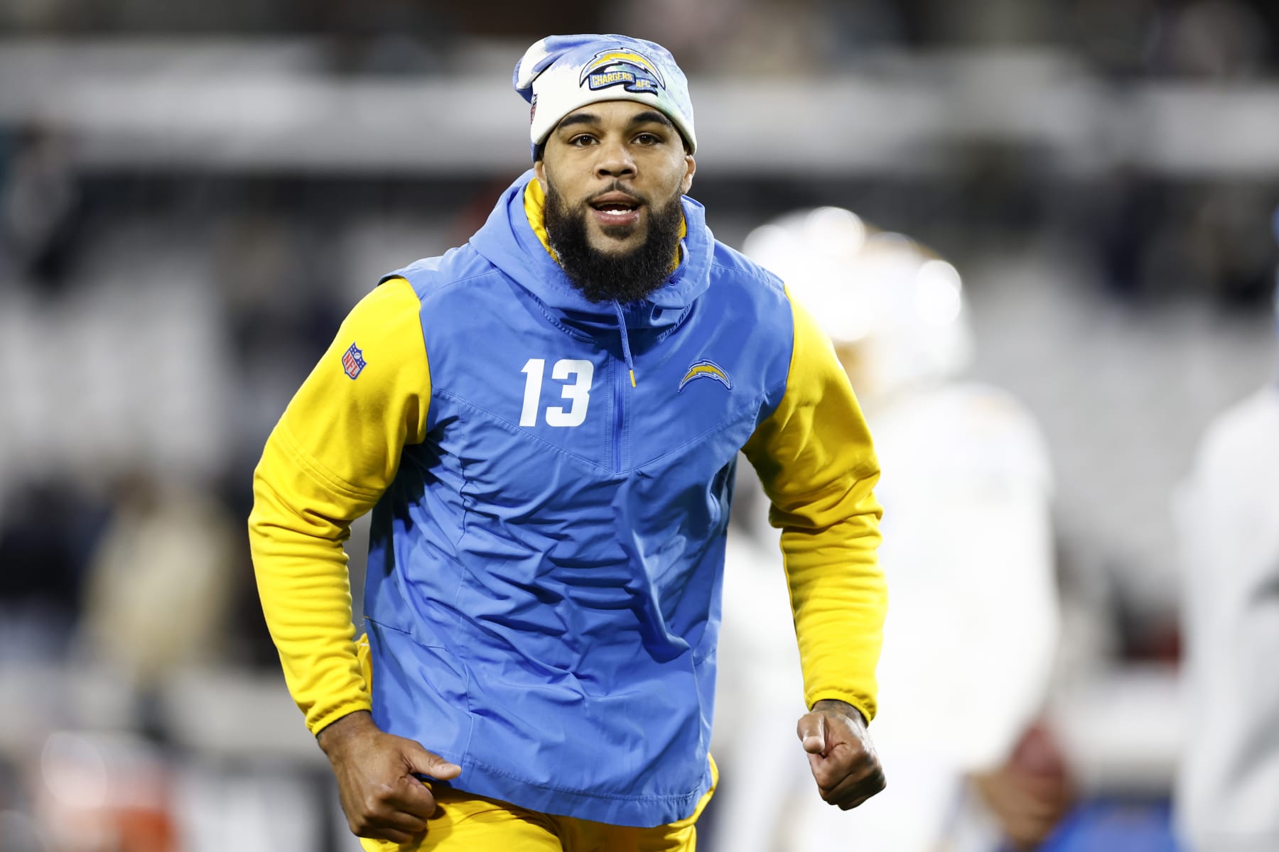 JACKSONVILLE, FLORIDA - JANUARY 14: Keenan Allen #13 of the Los Angeles Chargers warms up prior to a game against the Jacksonville Jaguars in the AFC Wild Card playoff game at TIAA Bank Field on January 14, 2023 in Jacksonville, Florida. (Photo by Douglas P. DeFelice/Getty Images)
