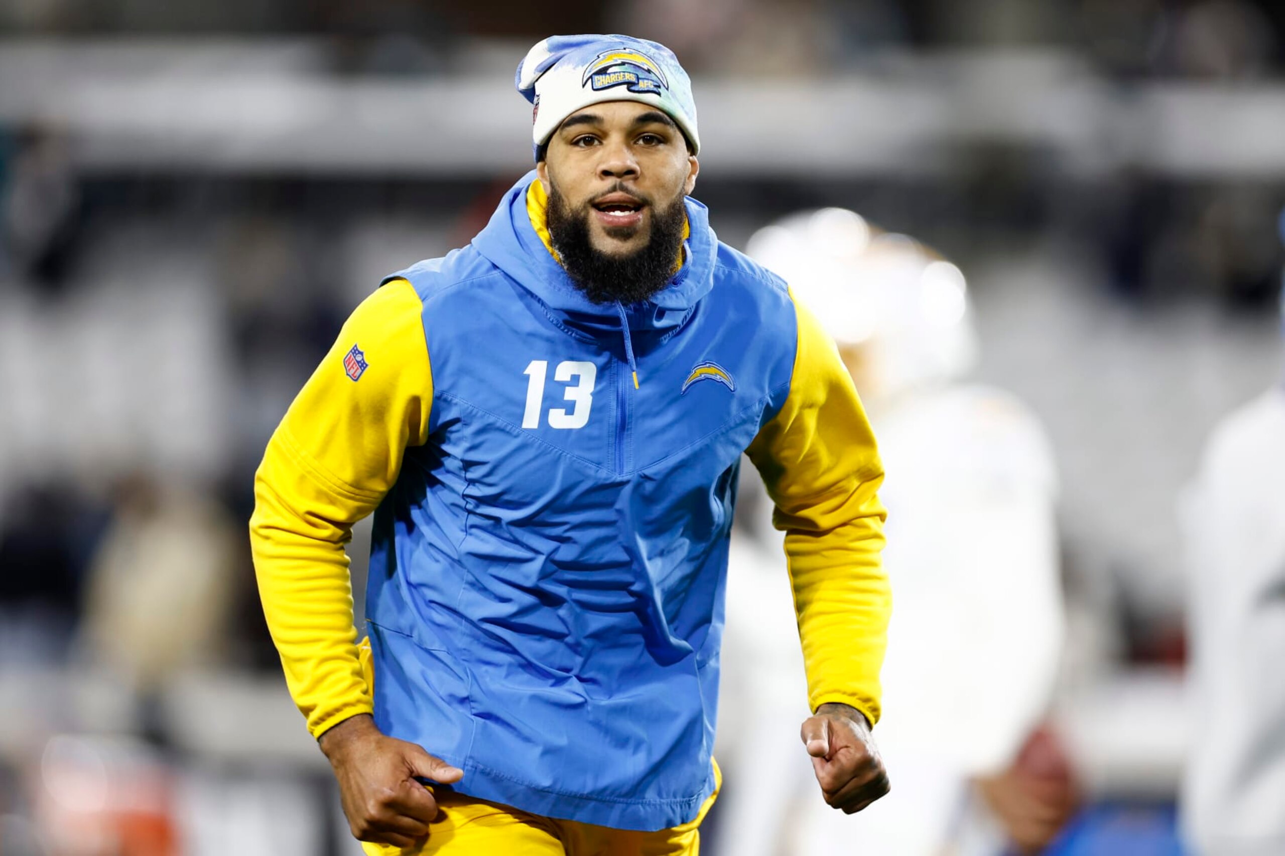JACKSONVILLE, FLORIDA - JANUARY 14: Keenan Allen #13 of the Los Angeles Chargers warms up prior to a game against the Jacksonville Jaguars in the AFC Wild Card playoff game at TIAA Bank Field on January 14, 2023 in Jacksonville, Florida. (Photo by Douglas P. DeFelice/Getty Images)