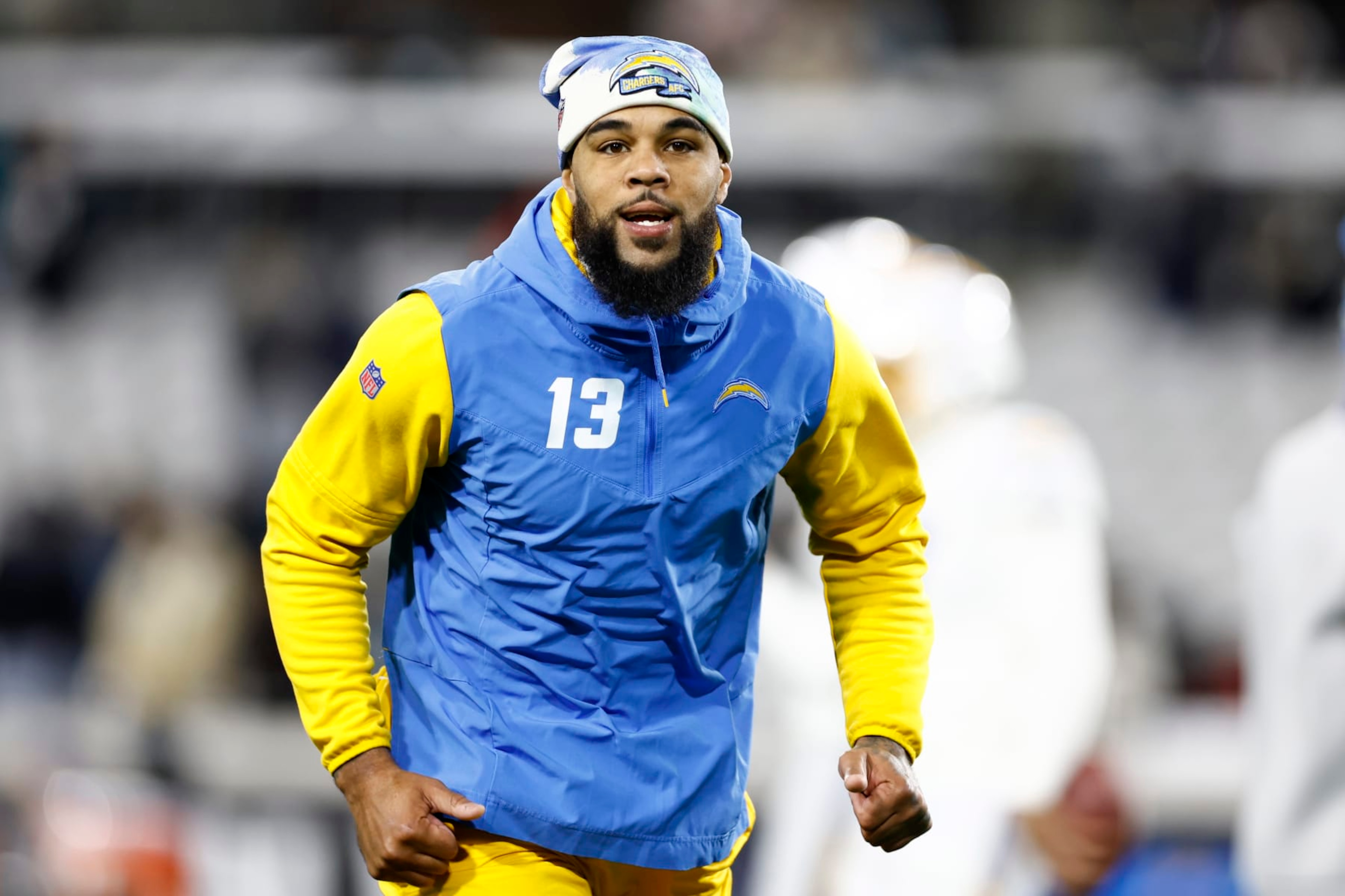 JACKSONVILLE, FLORIDA - JANUARY 14: Keenan Allen #13 of the Los Angeles Chargers warms up prior to a game against the Jacksonville Jaguars in the AFC Wild Card playoff game at TIAA Bank Field on January 14, 2023 in Jacksonville, Florida. (Photo by Douglas P. DeFelice/Getty Images)