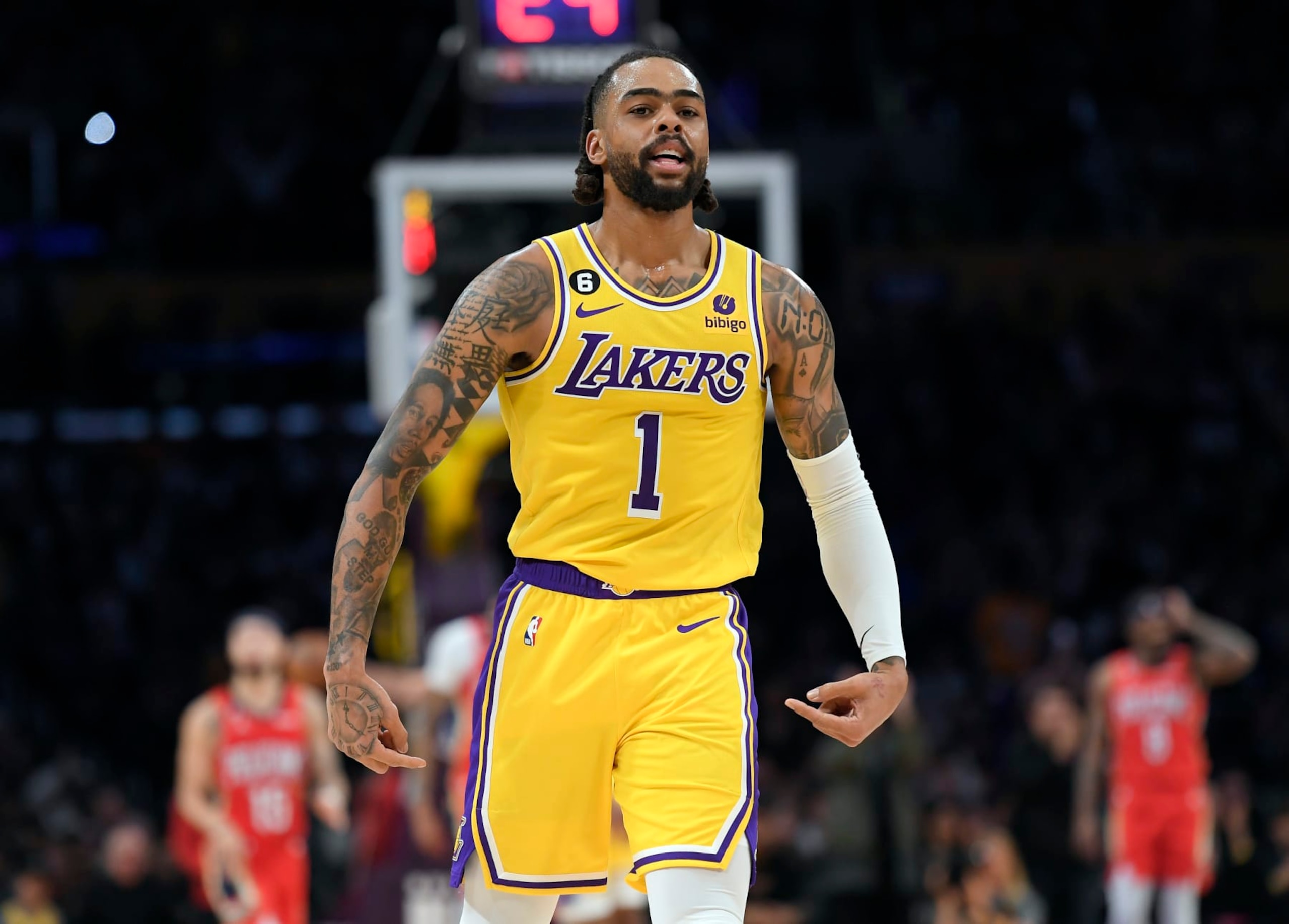 LOS ANGELES, CA - FEBRUARY 15: D'Angelo Russell #1 of the Los Angeles Lakers celebrates scoring a three-point basket against the New Orleans Pelicans during the second half at Crypto.com Arena on February 15, 2023 in Los Angeles, California. NOTE TO USER: User expressly acknowledges and agrees that, by downloading and or using this photograph, User is consenting to the terms and conditions of the Getty Images License Agreement. (Photo by Kevork Djansezian/Getty Images) LOS ANGELES, CA - FEBRUARY 15: D'Angelo Russell #1 of the Los Angeles Lakers celebrates scoring a three-point basket against the New Orleans Pelicans during the second half at Crypto.com Arena on February 15, 2023 in Los Angeles, California. NOTE TO USER: User expressly acknowledges and agrees that, by downloading and or using this photograph, User is consenting to the terms and conditions of the Getty Images License Agreement. (Photo by Kevork Djansezian/Getty Images)
