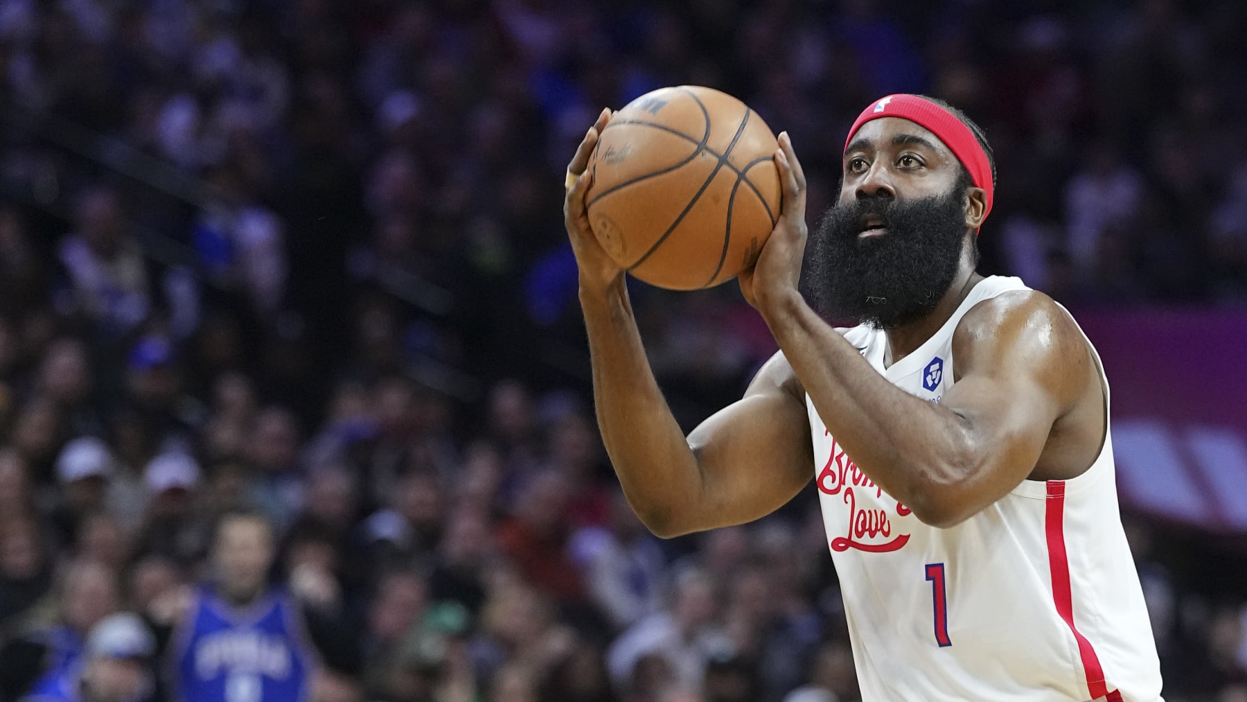 PHILADELPHIA, PA - FEBRUARY 25: James Harden #1 of the Philadelphia 76ers shoots the ball against the Boston Celtics at the Wells Fargo Center on February 25, 2023 in Philadelphia, Pennsylvania. The Celtics defeated the 76ers 110-107. NOTE TO USER: User expressly acknowledges and agrees that, by downloading and or using this photograph, User is consenting to the terms and conditions of the Getty Images License Agreement. (Photo by Mitchell Leff/Getty Images)