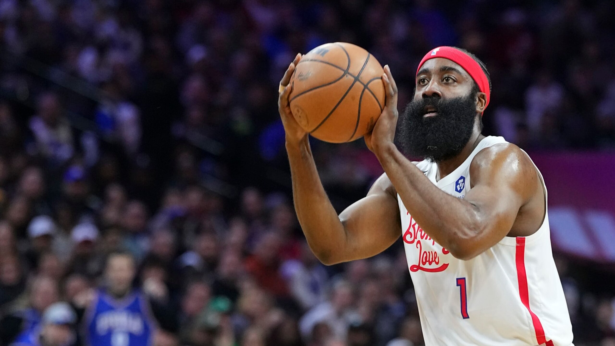 PHILADELPHIA, PA - FEBRUARY 25: James Harden #1 of the Philadelphia 76ers shoots the ball against the Boston Celtics at the Wells Fargo Center on February 25, 2023 in Philadelphia, Pennsylvania. The Celtics defeated the 76ers 110-107. NOTE TO USER: User expressly acknowledges and agrees that, by downloading and or using this photograph, User is consenting to the terms and conditions of the Getty Images License Agreement. (Photo by Mitchell Leff/Getty Images)