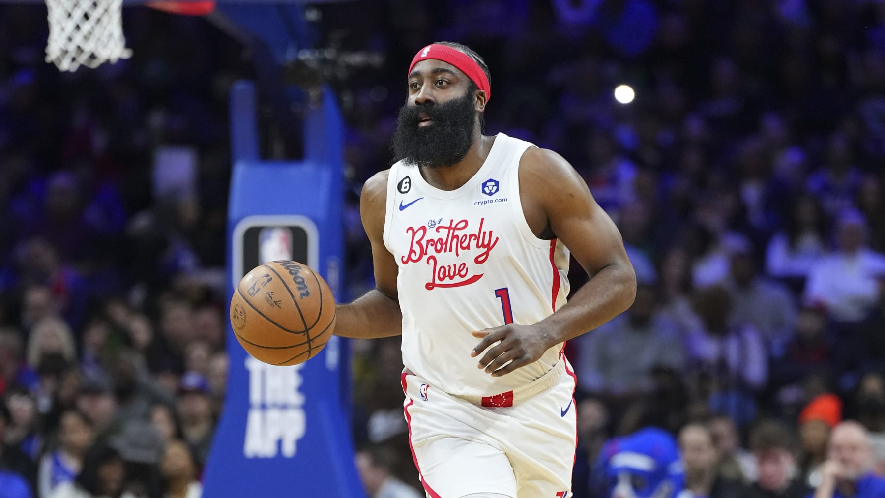 PHILADELPHIA, PA - FEBRUARY 25: James Harden #1 of the Philadelphia 76ers dribbles the ball against the Boston Celtics at the Wells Fargo Center on February 25, 2023 in Philadelphia, Pennsylvania. The Celtics defeated the 76ers 110-107. NOTE TO USER: User expressly acknowledges and agrees that, by downloading and or using this photograph, User is consenting to the terms and conditions of the Getty Images License Agreement. (Photo by Mitchell Leff/Getty Images)