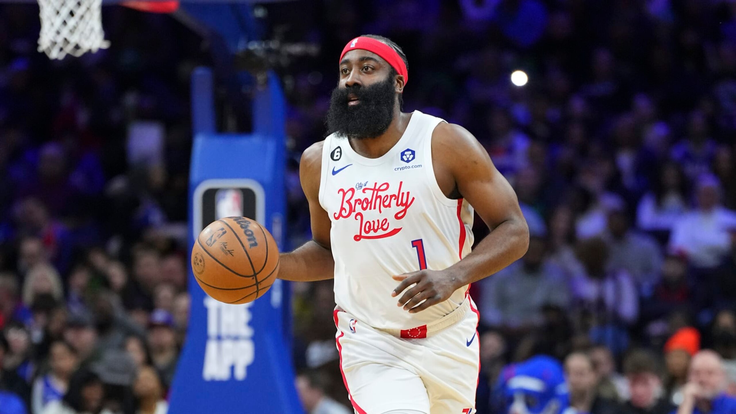 PHILADELPHIA, PA - FEBRUARY 25: James Harden #1 of the Philadelphia 76ers dribbles the ball against the Boston Celtics at the Wells Fargo Center on February 25, 2023 in Philadelphia, Pennsylvania. The Celtics defeated the 76ers 110-107. NOTE TO USER: User expressly acknowledges and agrees that, by downloading and or using this photograph, User is consenting to the terms and conditions of the Getty Images License Agreement. (Photo by Mitchell Leff/Getty Images)