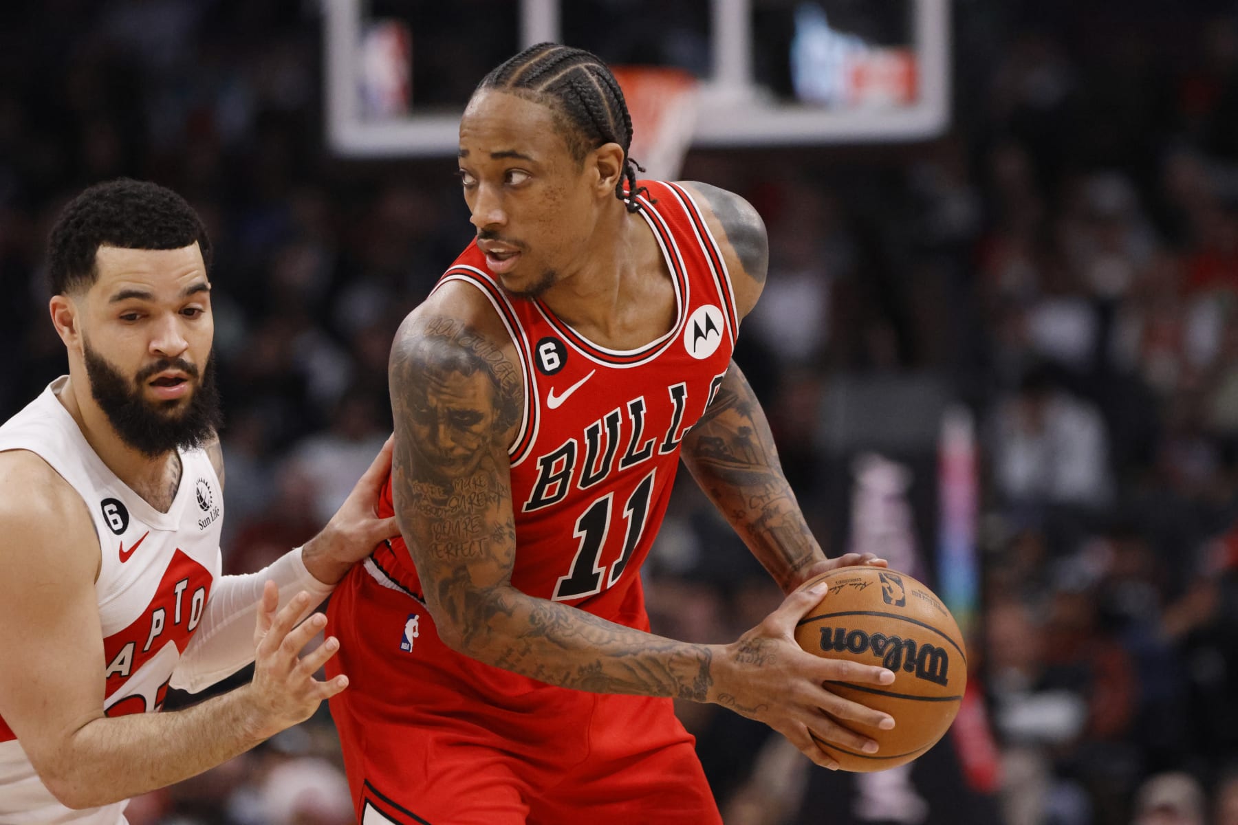 TORONTO, ON - February 28 - Chicago Bulls forward DeMar DeRozan (11) is guarded during first half of play of regular season action at the Scotiabank Arena in Toronto. Lance McMillan/Toronto Star

February-28-2023        (Lance McMillan/Toronto Star via Getty Images)