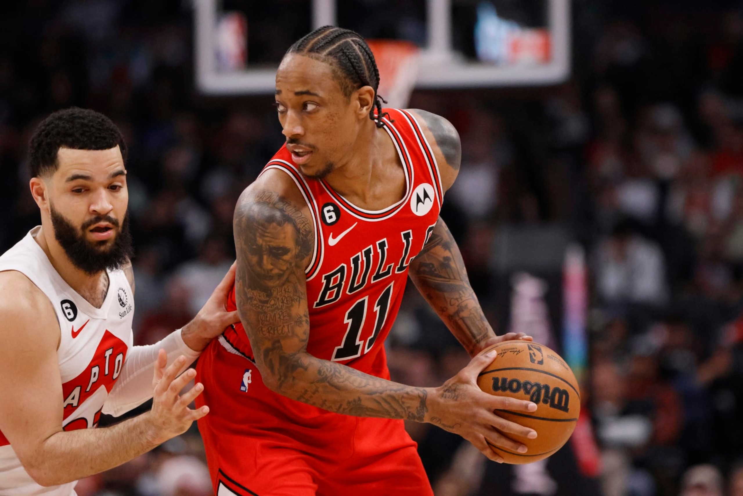 TORONTO, ON - February 28 - Chicago Bulls forward DeMar DeRozan (11) is guarded during first half of play of regular season action at the Scotiabank Arena in Toronto. Lance McMillan/Toronto Star

February-28-2023        (Lance McMillan/Toronto Star via Getty Images)