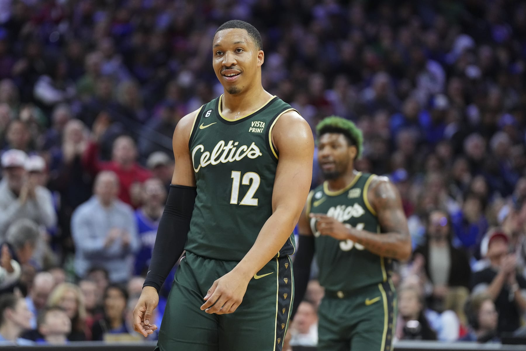 PHILADELPHIA, PA - FEBRUARY 25: Grant Williams #12 of the Boston Celtics reacts against the Philadelphia 76ers at the Wells Fargo Center on February 25, 2023 in Philadelphia, Pennsylvania. The Celtics defeated the 76ers 110-107. NOTE TO USER: User expressly acknowledges and agrees that, by downloading and or using this photograph, User is consenting to the terms and conditions of the Getty Images License Agreement. (Photo by Mitchell Leff/Getty Images)