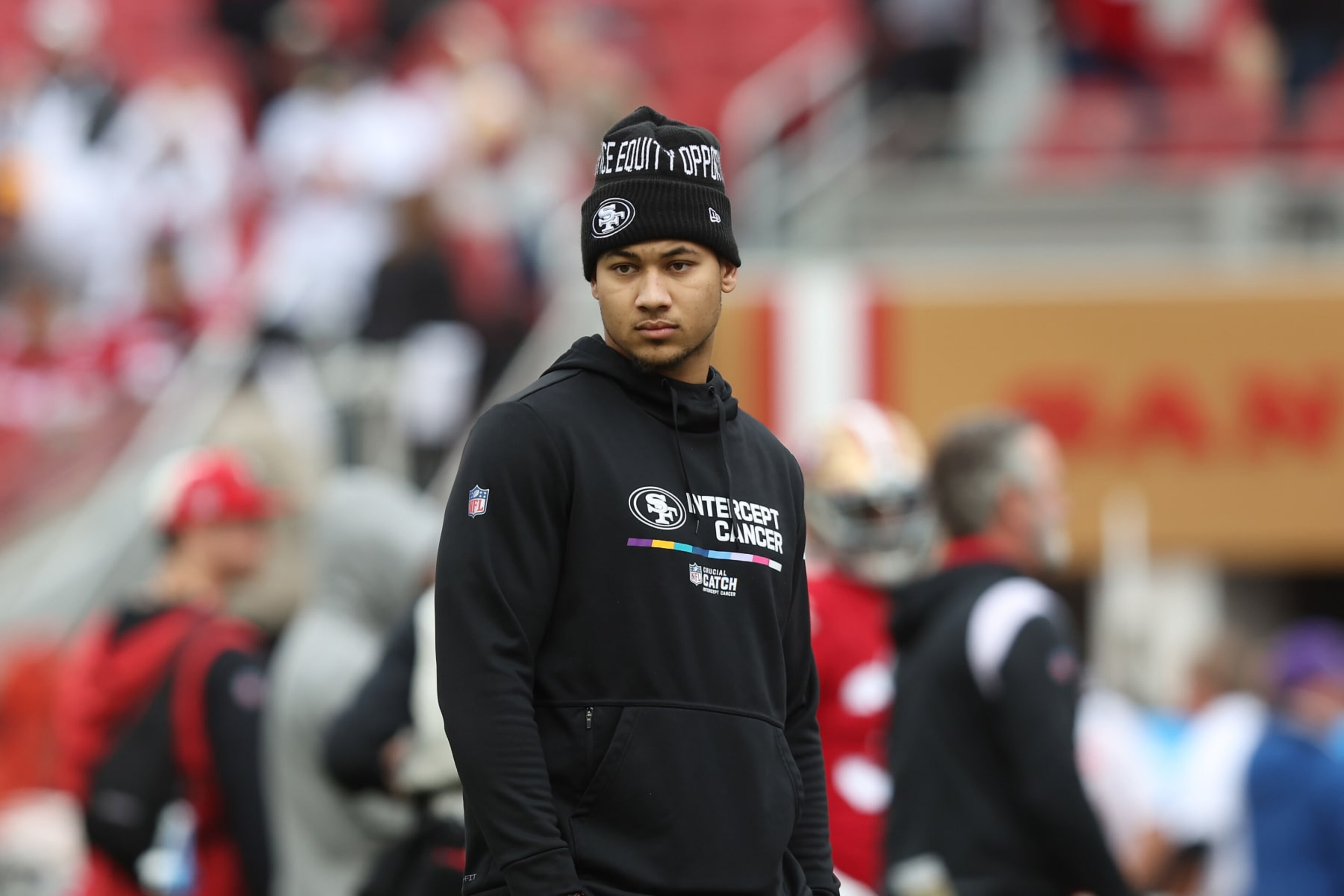 SANTA CLARA, CALIFORNIA - DECEMBER 11: Trey Lance #5 of the San Francisco 49ers looks on before the game against the Tampa Bay Buccaneers at Levi's Stadium on December 11, 2022 in Santa Clara, California. (Photo by Lachlan Cunningham/Getty Images) SANTA CLARA, CALIFORNIA - DECEMBER 11: Trey Lance #5 of the San Francisco 49ers looks on before the game against the Tampa Bay Buccaneers at Levi's Stadium on December 11, 2022 in Santa Clara, California. (Photo by Lachlan Cunningham/Getty Images)