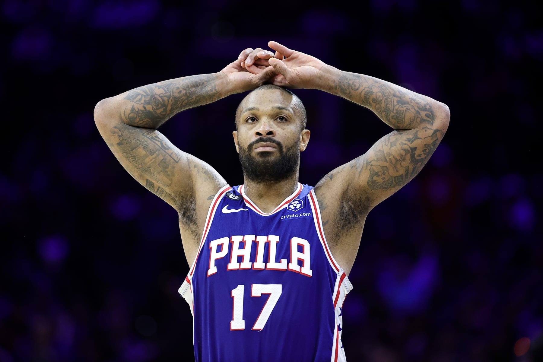 PHILADELPHIA, PENNSYLVANIA - FEBRUARY 23: P.J. Tucker #17 of the Philadelphia 76ers reacts during the fourth quarter against the Memphis Grizzlies at Wells Fargo Center on February 23, 2023 in Philadelphia, Pennsylvania. NOTE TO USER: User expressly acknowledges and agrees that, by downloading and or using this photograph, User is consenting to the terms and conditions of the Getty Images License Agreement. (Photo by Tim Nwachukwu/Getty Images)