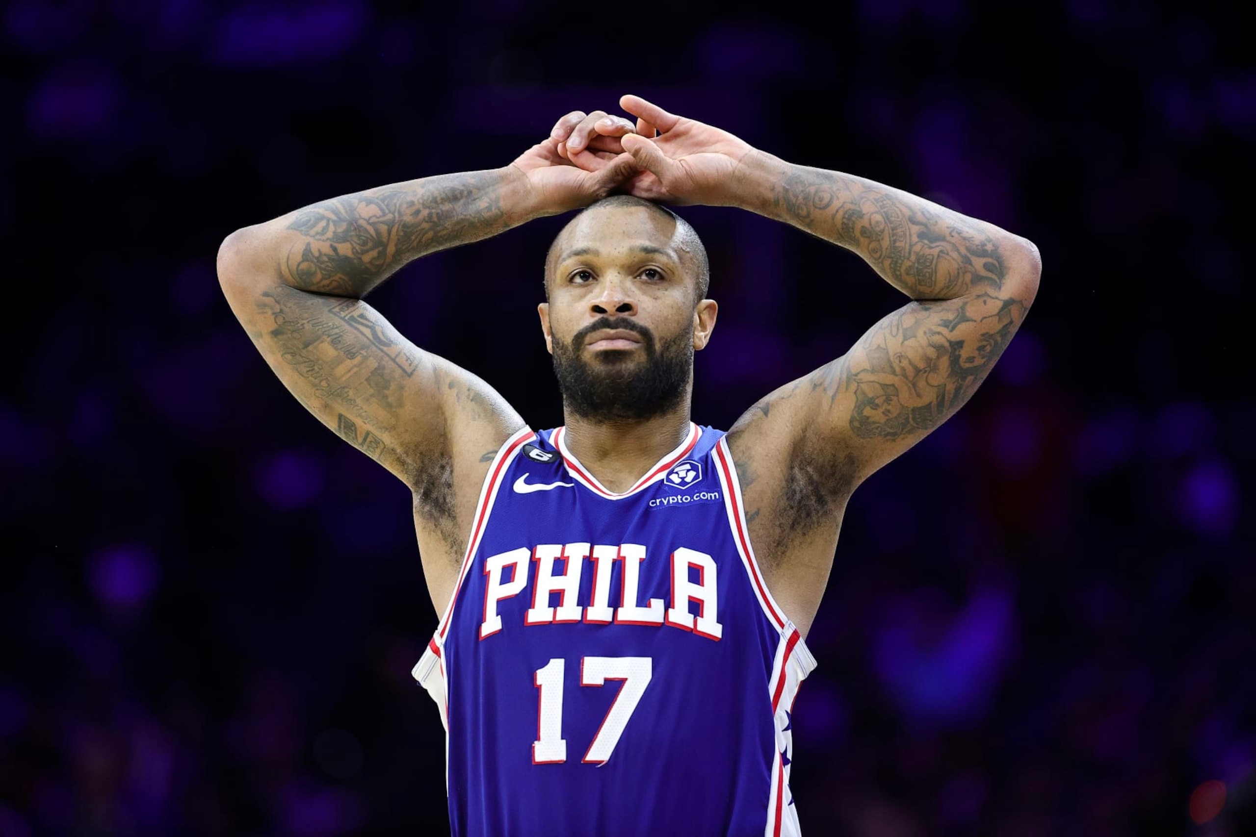 PHILADELPHIA, PENNSYLVANIA - FEBRUARY 23: P.J. Tucker #17 of the Philadelphia 76ers reacts during the fourth quarter against the Memphis Grizzlies at Wells Fargo Center on February 23, 2023 in Philadelphia, Pennsylvania. NOTE TO USER: User expressly acknowledges and agrees that, by downloading and or using this photograph, User is consenting to the terms and conditions of the Getty Images License Agreement. (Photo by Tim Nwachukwu/Getty Images) PHILADELPHIA, PENNSYLVANIA - FEBRUARY 23: P.J. Tucker #17 of the Philadelphia 76ers reacts during the fourth quarter against the Memphis Grizzlies at Wells Fargo Center on February 23, 2023 in Philadelphia, Pennsylvania. NOTE TO USER: User expressly acknowledges and agrees that, by downloading and or using this photograph, User is consenting to the terms and conditions of the Getty Images License Agreement. (Photo by Tim Nwachukwu/Getty Images)