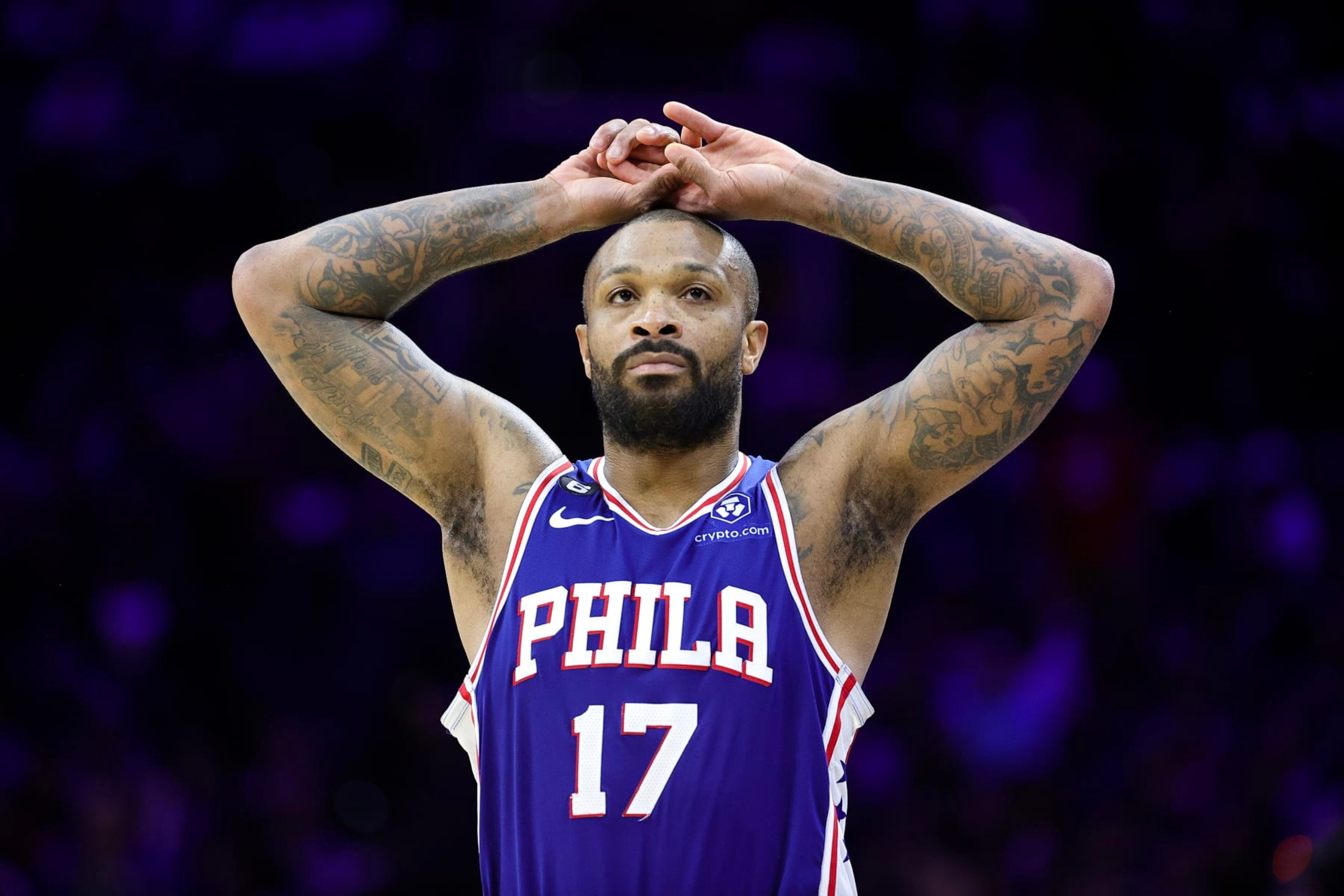 PHILADELPHIA, PENNSYLVANIA - FEBRUARY 23: P.J. Tucker #17 of the Philadelphia 76ers reacts during the fourth quarter against the Memphis Grizzlies at Wells Fargo Center on February 23, 2023 in Philadelphia, Pennsylvania. NOTE TO USER: User expressly acknowledges and agrees that, by downloading and or using this photograph, User is consenting to the terms and conditions of the Getty Images License Agreement. (Photo by Tim Nwachukwu/Getty Images) PHILADELPHIA, PENNSYLVANIA - FEBRUARY 23: P.J. Tucker #17 of the Philadelphia 76ers reacts during the fourth quarter against the Memphis Grizzlies at Wells Fargo Center on February 23, 2023 in Philadelphia, Pennsylvania. NOTE TO USER: User expressly acknowledges and agrees that, by downloading and or using this photograph, User is consenting to the terms and conditions of the Getty Images License Agreement. (Photo by Tim Nwachukwu/Getty Images)