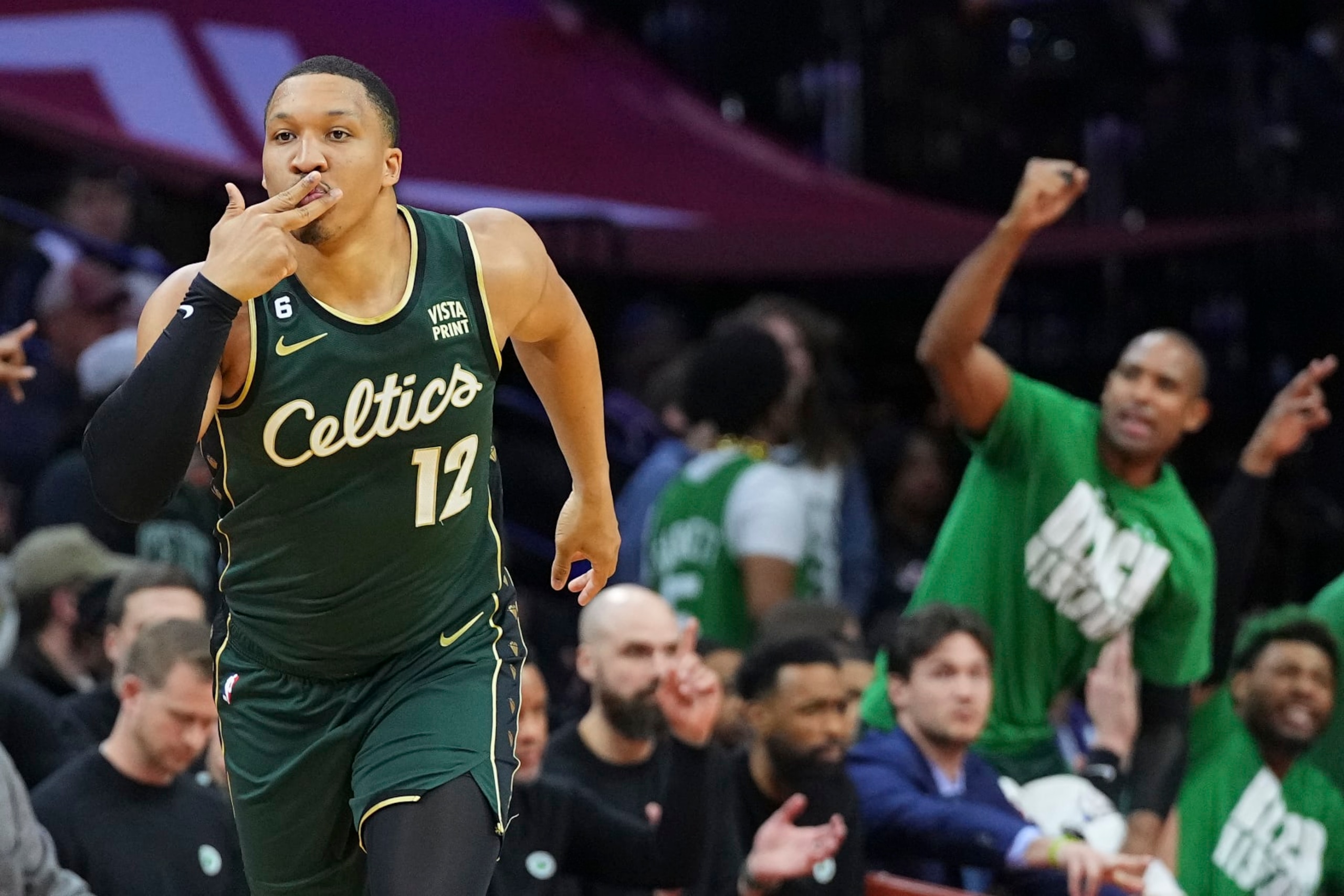 PHILADELPHIA, PA - FEBRUARY 25: Grant Williams #12 of the Boston Celtics reacts after making a three point basket against the Philadelphia 76ers at the Wells Fargo Center on February 25, 2023 in Philadelphia, Pennsylvania. The Celtics defeated the 76ers 110-107. NOTE TO USER: User expressly acknowledges and agrees that, by downloading and or using this photograph, User is consenting to the terms and conditions of the Getty Images License Agreement. (Photo by Mitchell Leff/Getty Images)