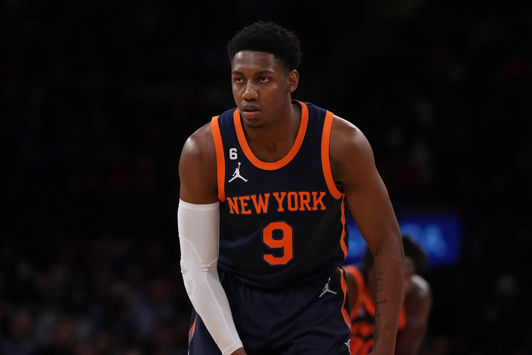 NEW YORK, NEW YORK - FEBRUARY 25: RJ Barrett #9 of the New York Knicks in action against the New Orleans Pelicans at Madison Square Garden on February 25, 2023 in New York City. NOTE TO USER: User expressly acknowledges and agrees that, by downloading and or using this Photograph, user is consenting to the terms and conditions of the Getty Images License Agreement. New York Knicks defeated the New Orleans Pelicans 128-106 (Photo by Mike Stobe/Getty Images)