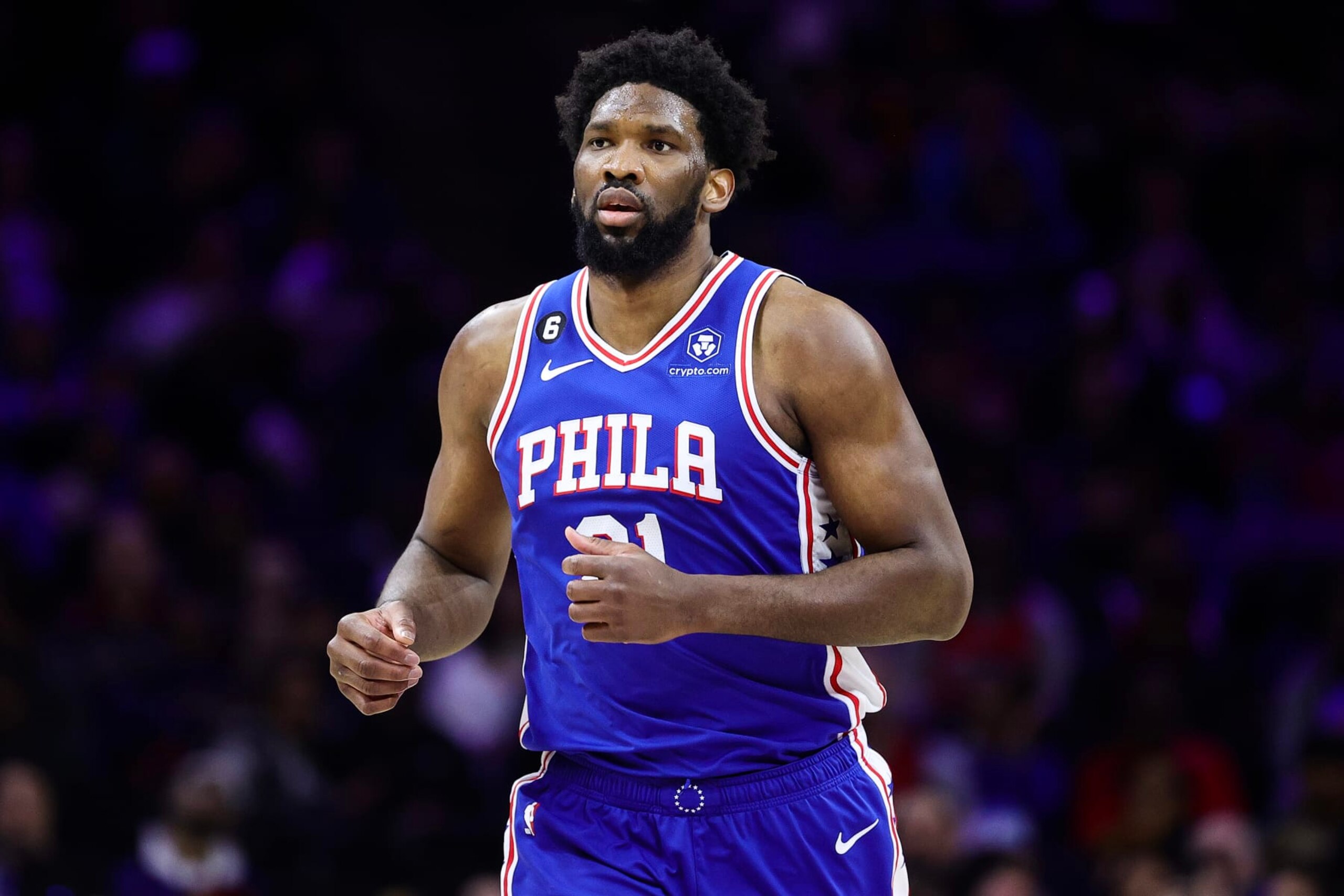 PHILADELPHIA, PENNSYLVANIA - FEBRUARY 27: Joel Embiid #21 of the Philadelphia 76ers looks on against the Philadelphia 76ers at Wells Fargo Center on February 27, 2023 in Philadelphia, Pennsylvania. NOTE TO USER: User expressly acknowledges and agrees that, by downloading and or using this photograph, User is consenting to the terms and conditions of the Getty Images License Agreement. (Photo by Tim Nwachukwu/Getty Images)