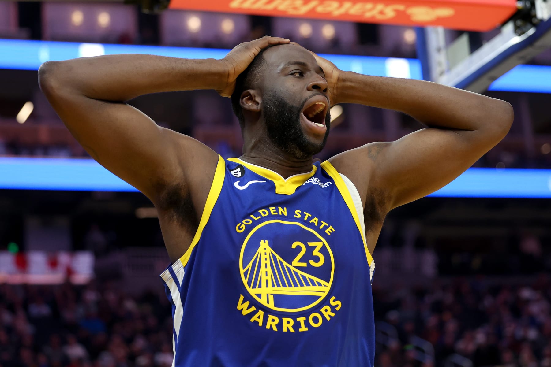 SAN FRANCISCO, CALIFORNIA - FEBRUARY 28:  Draymond Green #23 of the Golden State Warriors reacts during their game against the Portland Trail Blazers at Chase Center on February 28, 2023 in San Francisco, California. NOTE TO USER: User expressly acknowledges and agrees that, by downloading and or using this photograph, User is consenting to the terms and conditions of the Getty Images License Agreement.  (Photo by Ezra Shaw/Getty Images)