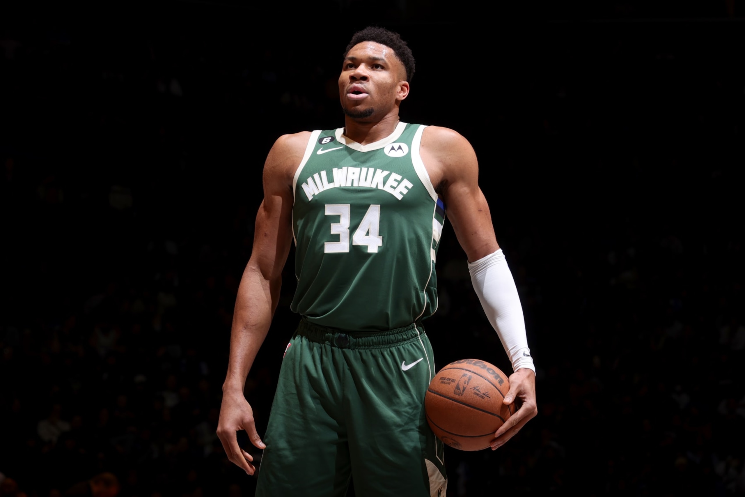 BROOKLYN, NY - FEBRUARY 28: Giannis Antetokounmpo #34 of the Milwaukee Bucks prepares to shoot a free throw during the game against the Brooklyn Nets on February 28, 2023 at Barclays Center in Brooklyn, New York. NOTE TO USER: User expressly acknowledges and agrees that, by downloading and or using this Photograph, user is consenting to the terms and conditions of the Getty Images License Agreement. Mandatory Copyright Notice: Copyright 2023 NBAE (Photo by Nathaniel S. Butler/NBAE via Getty Images)