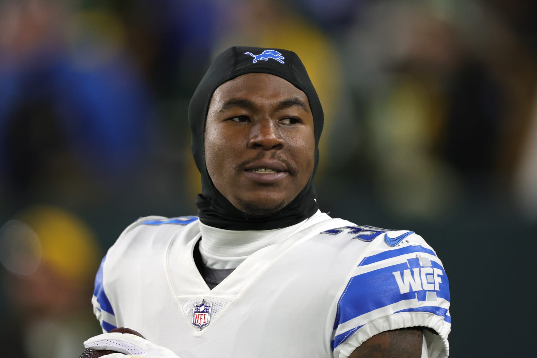 GREEN BAY, WISCONSIN - JANUARY 08: Jamaal Williams #30 of the Detroit Lions warms up prior to the game against the Green Bay Packers at Lambeau Field on January 08, 2023 in Green Bay, Wisconsin. (Photo by Stacy Revere/Getty Images)