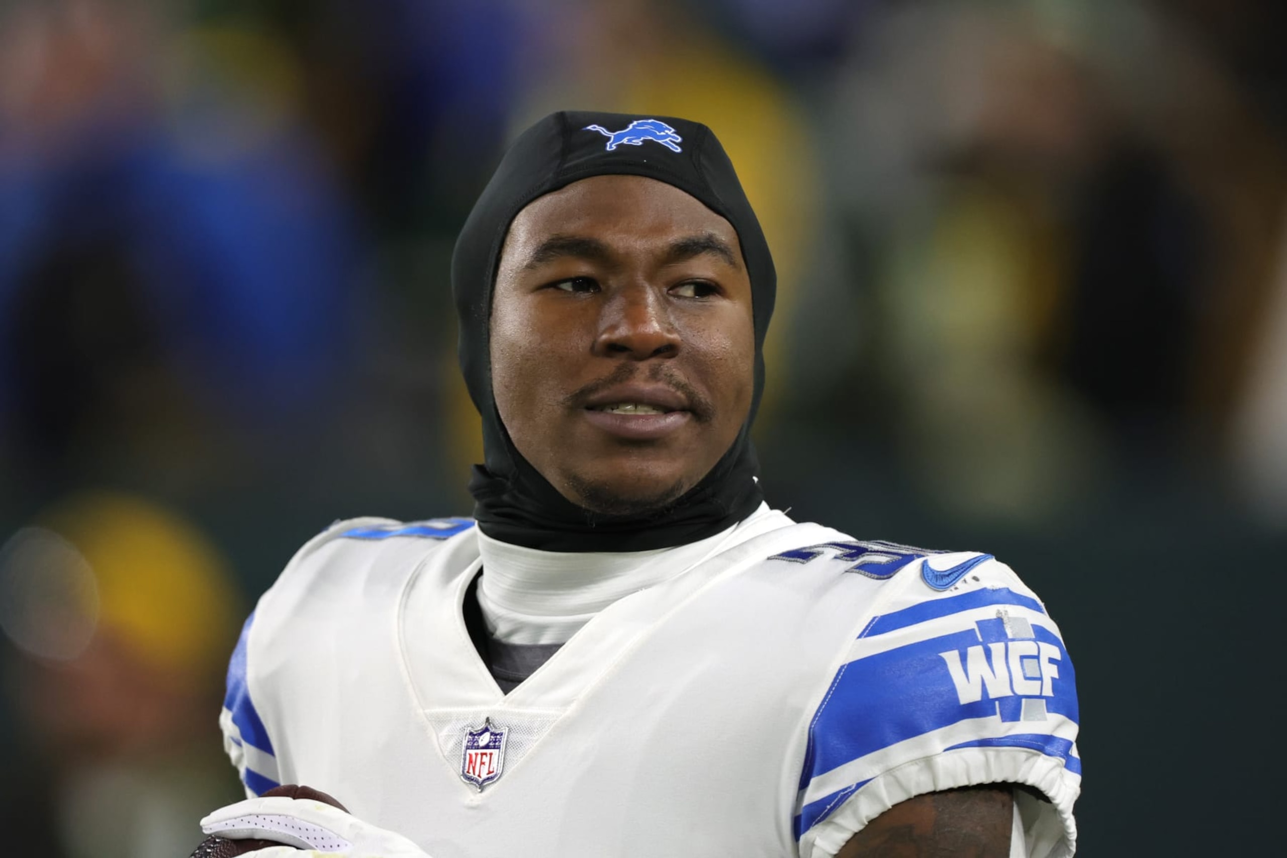 GREEN BAY, WISCONSIN - JANUARY 08: Jamaal Williams #30 of the Detroit Lions warms up prior to the game against the Green Bay Packers at Lambeau Field on January 08, 2023 in Green Bay, Wisconsin. (Photo by Stacy Revere/Getty Images)