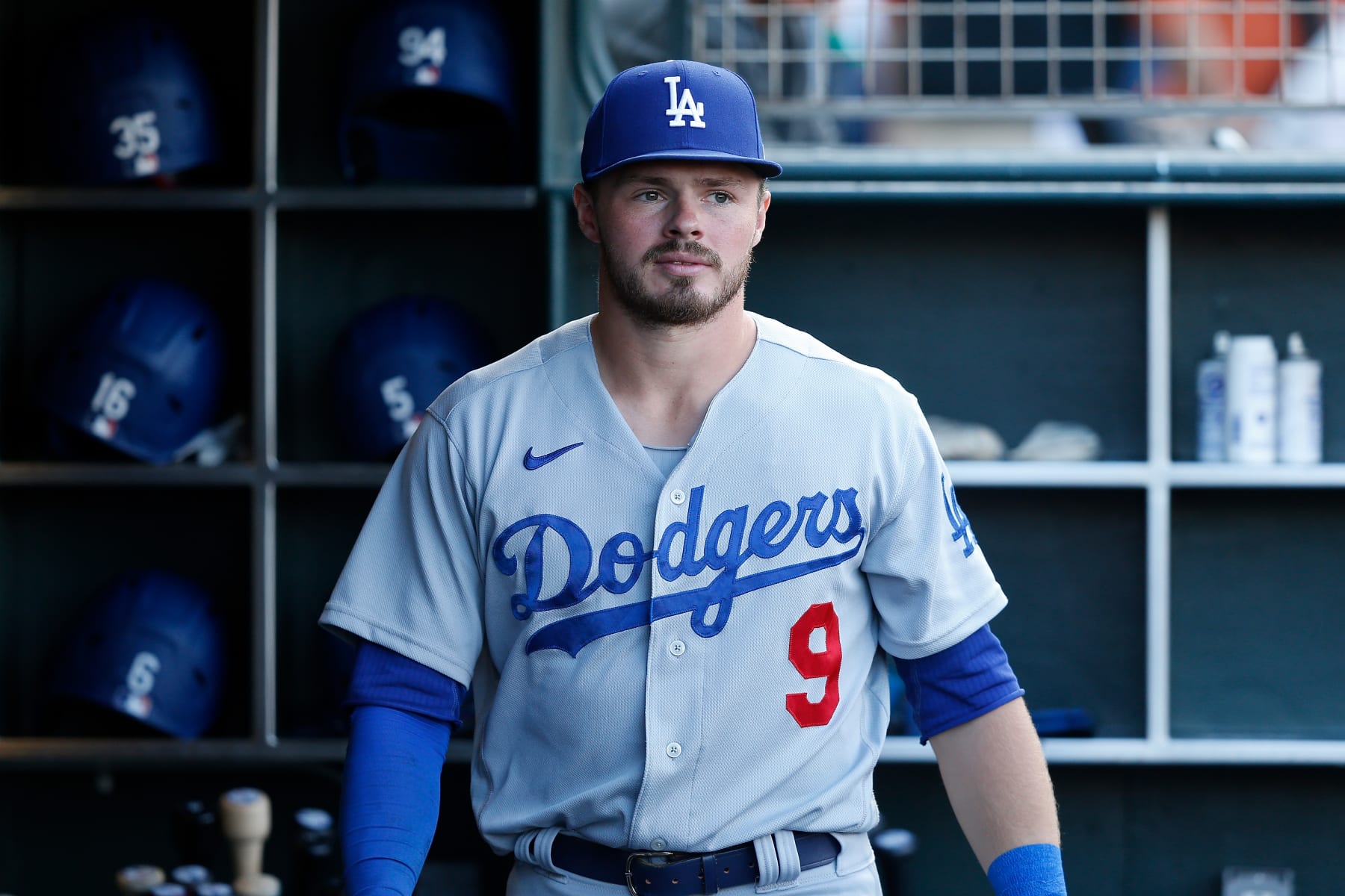 SAN FRANCISCO, CALIFORNIA - AUGUST 01: Gavin Lux #9 of the Los Angeles Dodgers looks on from the dugout before the game against the San Francisco Giants at Oracle Park on August 01, 2022 in San Francisco, California. (Photo by Lachlan Cunningham/Getty Images)