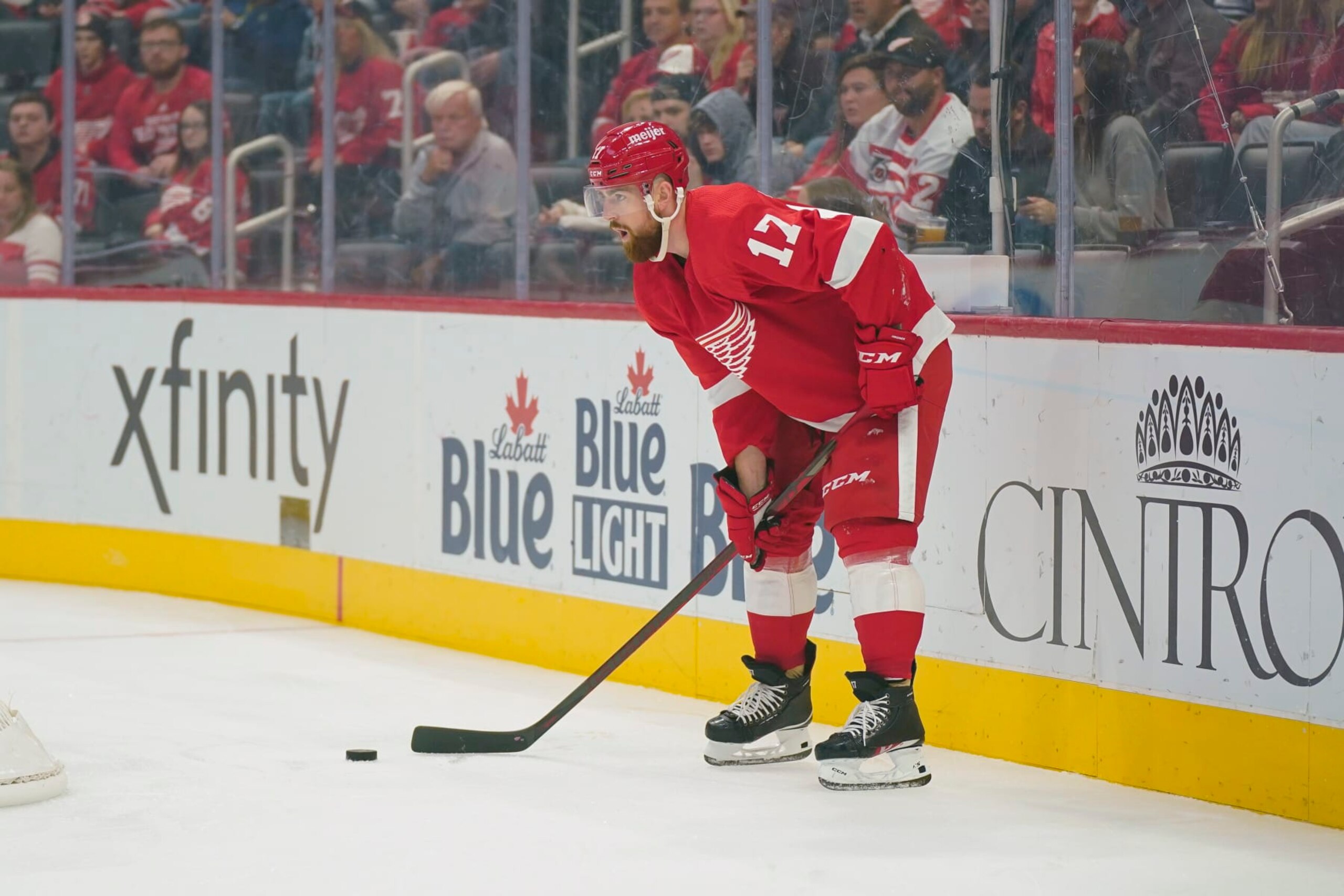DETROIT, MI - OCTOBER 16: Detroit Red Wings Defenceman Filip Hronek (17) waits for his team change lines during the first period of a game between the Detroit Red Wings and the Vancouver Canucks on October 16, 2021 at Little Caesars Arena in Detroit, MI. (Photo by Roy K. Miller/Icon Sportswire via Getty Images)