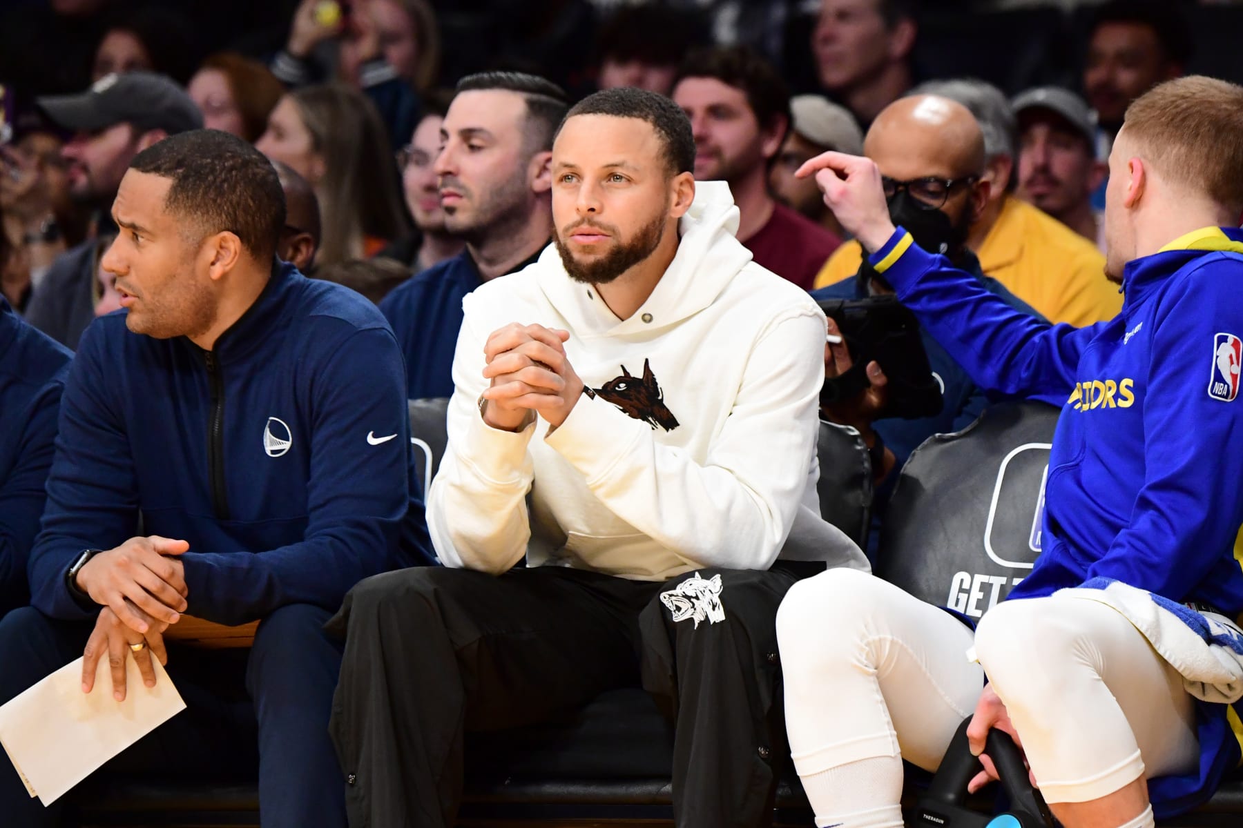 LOS ANGELES, CA - FEBRUARY 23: Stephen Curry #30 of the Golden State Warriors looks on during the game against the Los Angeles Lakers on February 23, 2023 at Crypto.Com Arena in Los Angeles, California. NOTE TO USER: User expressly acknowledges and agrees that, by downloading and/or using this Photograph, user is consenting to the terms and conditions of the Getty Images License Agreement. Mandatory Copyright Notice: Copyright 2023 NBAE (Photo by Adam Pantozzi/NBAE via Getty Images)