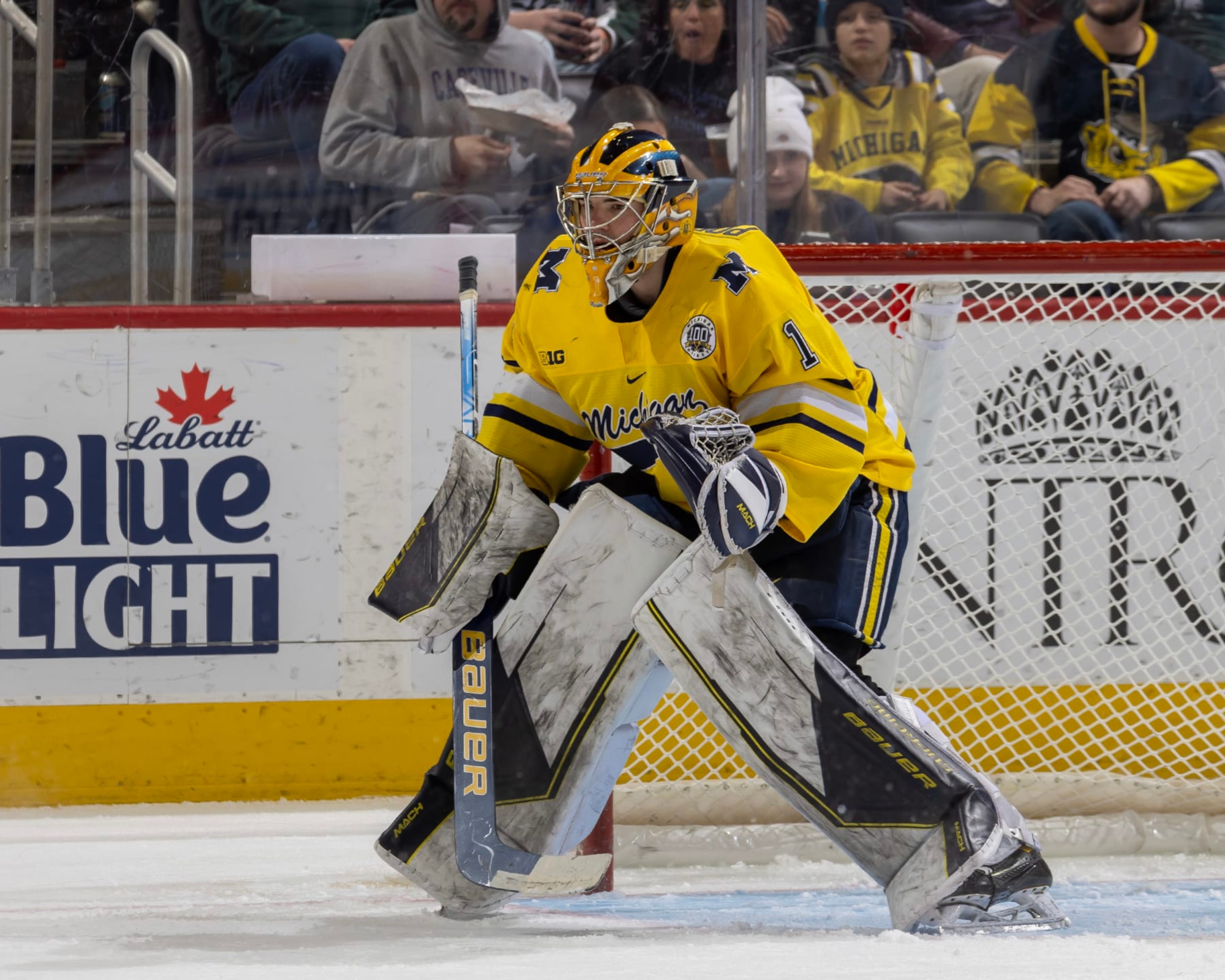 DETROIT, MI - FEBRUARY 11: Erik Portillo #1 of the Michigan Wolverines follows the play against the Michigan State Spartans during the first period of an NCAA Mens college hockey Dual in the D game at Little Caesars Arena on February 11, 2023 in Detroit, Michigan. The Wolverines defeated the Spartans 4-3 in O.T. (Photo by Dave Reginek/Getty Images)