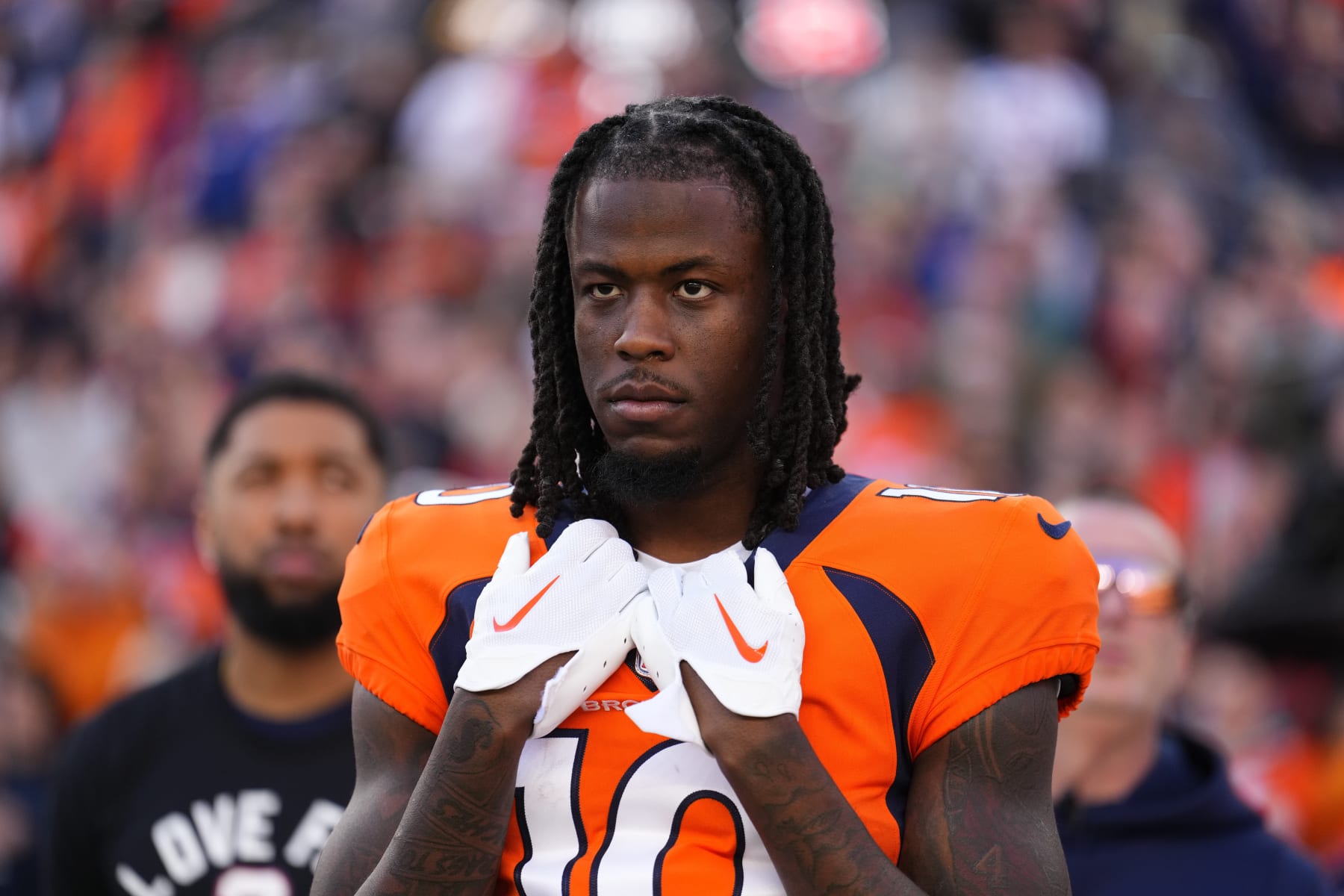 Denver Broncos wide receiver Jerry Jeudy (10) during an NFL football game against the Los Angeles Chargers, Sunday, Jan. 8, 2023, in Denver. (AP Photo/Jack Dempsey)