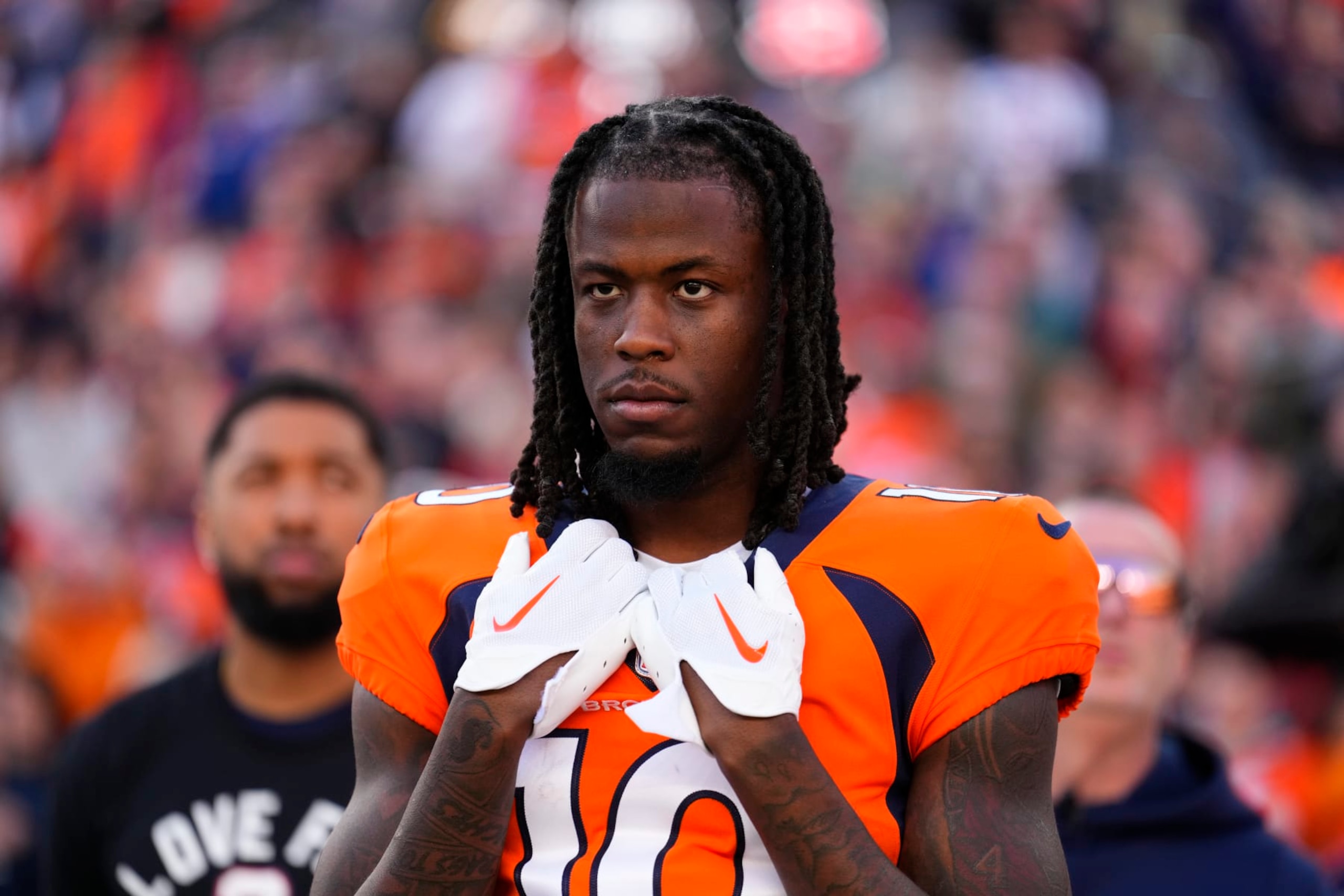 Denver Broncos wide receiver Jerry Jeudy (10) during an NFL football game against the Los Angeles Chargers, Sunday, Jan. 8, 2023, in Denver. (AP Photo/Jack Dempsey)