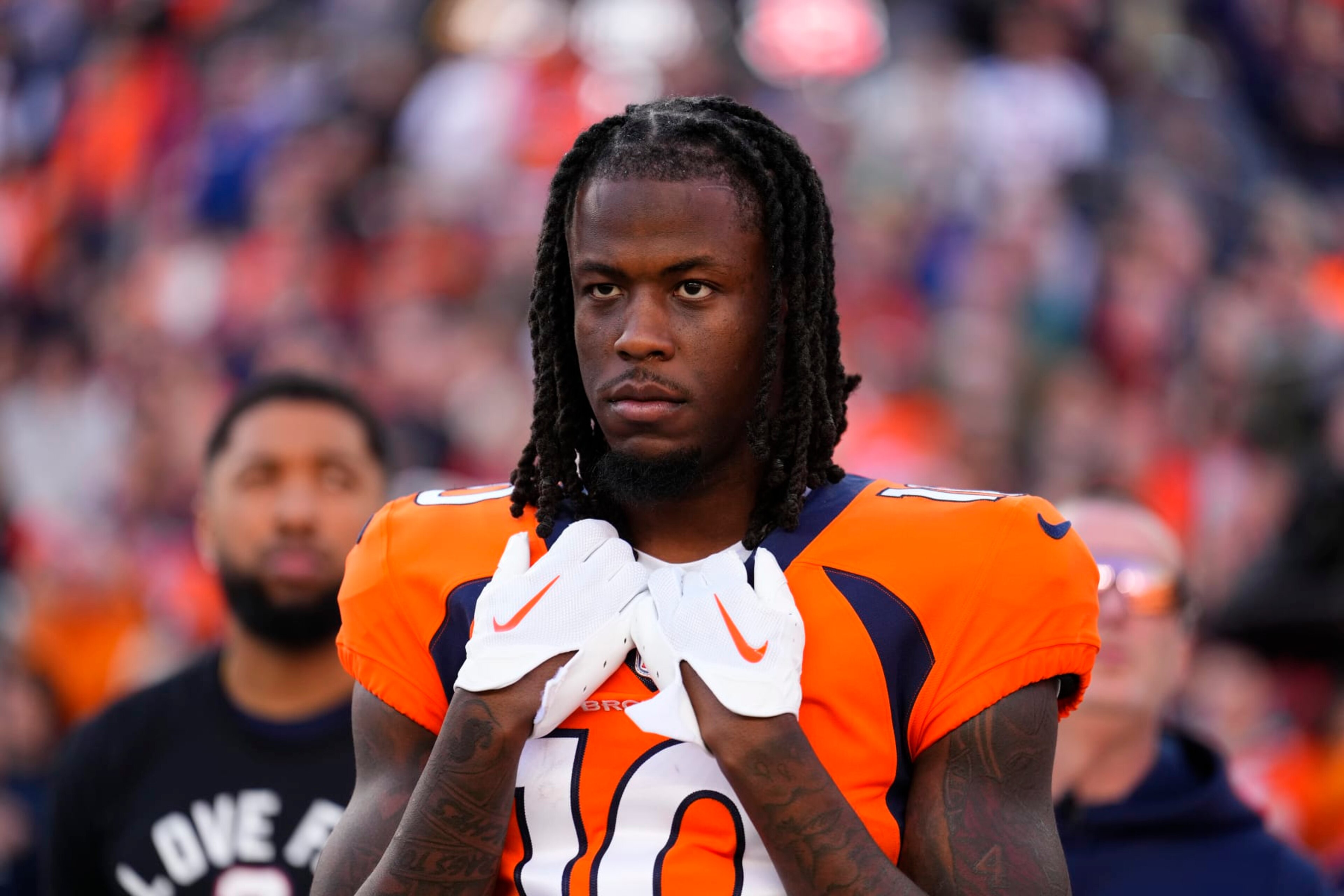 Denver Broncos wide receiver Jerry Jeudy (10) during an NFL football game against the Los Angeles Chargers, Sunday, Jan. 8, 2023, in Denver. (AP Photo/Jack Dempsey)