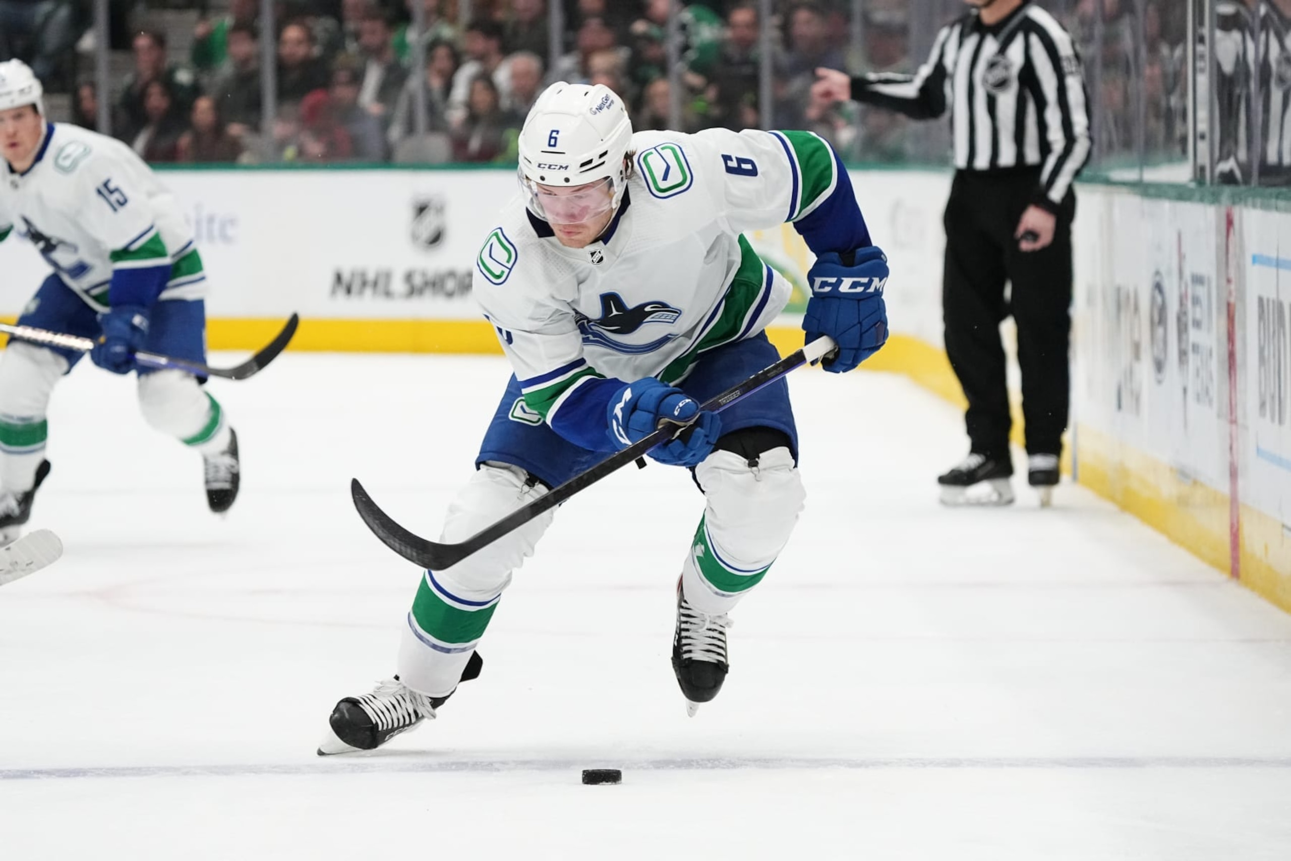 DALLAS, TX - FEBRUARY 27: Brock Boeser #6 of the Vancouver Canucks skates against the Dallas Stars at the American Airlines Center on February 27, 2023 in Dallas, Texas. (Photo by Glenn James/NHLI via Getty Images)