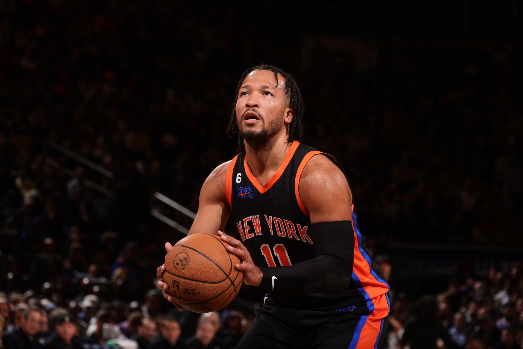 NEW YORK, NY - MARCH 1: Jalen Brunson #11 of the New York Knicks prepares to shoot a free throw during the game against the Brooklyn Nets on March 1, 2023 at Madison Square Garden in New York City, New York.  NOTE TO USER: User expressly acknowledges and agrees that, by downloading and or using this photograph, User is consenting to the terms and conditions of the Getty Images License Agreement. Mandatory Copyright Notice: Copyright 2023 NBAE  (Photo by Nathaniel S. Butler/NBAE via Getty Images)