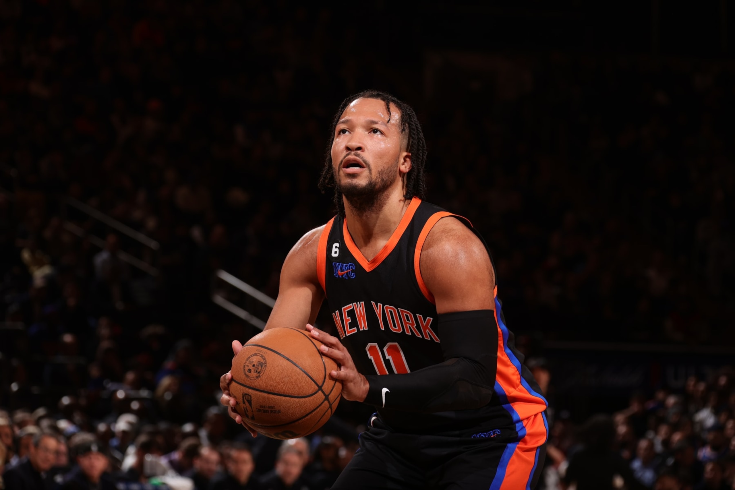 NEW YORK, NY - MARCH 1: Jalen Brunson #11 of the New York Knicks prepares to shoot a free throw during the game against the Brooklyn Nets on March 1, 2023 at Madison Square Garden in New York City, New York.  NOTE TO USER: User expressly acknowledges and agrees that, by downloading and or using this photograph, User is consenting to the terms and conditions of the Getty Images License Agreement. Mandatory Copyright Notice: Copyright 2023 NBAE  (Photo by Nathaniel S. Butler/NBAE via Getty Images)