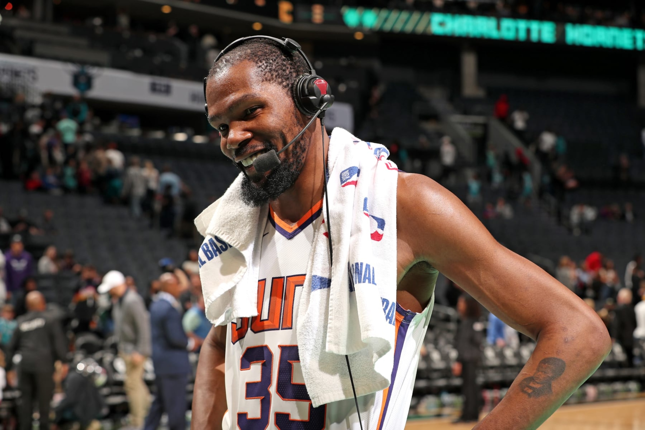 CHARLOTTE, NC - MARCH 1:  Kevin Durant #35 of the Phoenix Suns is interviewed after the game against the Charlotte Hornets on March 1, 2023 at Spectrum Center in Charlotte, North Carolina. NOTE TO USER: User expressly acknowledges and agrees that, by downloading and or using this photograph, User is consenting to the terms and conditions of the Getty Images License Agreement. Mandatory Copyright Notice: Copyright 2023 NBAE (Photo by Kent Smith/NBAE via Getty Images)