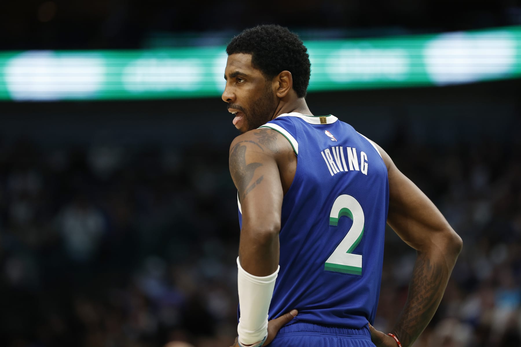 DALLAS, TEXAS - FEBRUARY 28: Kyrie Irving #2 of the Dallas Mavericks on the court in the first half against the Indiana Pacers at American Airlines Center on February 28, 2023 in Dallas, Texas. NOTE TO USER: User expressly acknowledges and agrees that, by downloading and or using this photograph, User is consenting to the terms and conditions of the Getty Images License Agreement. (Photo by Tim Heitman/Getty Images)