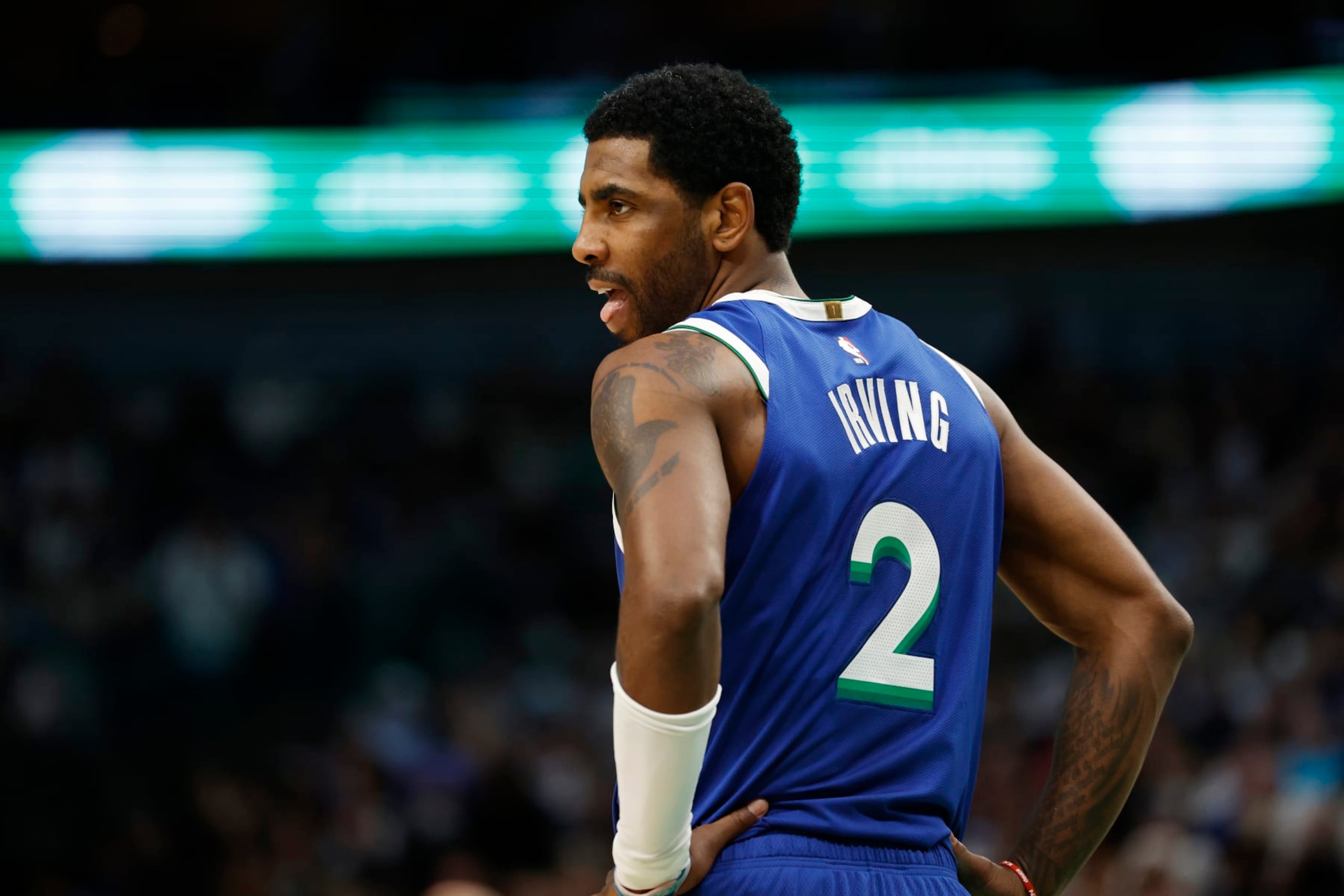 DALLAS, TEXAS - FEBRUARY 28: Kyrie Irving #2 of the Dallas Mavericks on the court in the first half against the Indiana Pacers at American Airlines Center on February 28, 2023 in Dallas, Texas. NOTE TO USER: User expressly acknowledges and agrees that, by downloading and or using this photograph, User is consenting to the terms and conditions of the Getty Images License Agreement. (Photo by Tim Heitman/Getty Images)