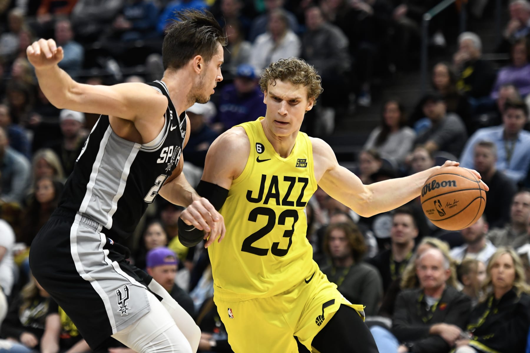 SALT LAKE CITY, UTAH - FEBRUARY 28: Zach Collins #23 of the San Antonio Spurs defends Lauri Markkanen #23 of the Utah Jazz during the first half of a game at Vivint Arena on February 28, 2023 in Salt Lake City, Utah. NOTE TO USER: User expressly acknowledges and agrees that, by downloading and or using this photograph, User is consenting to the terms and conditions of the Getty Images License Agreement.  (Photo by Alex Goodlett/Getty Images)