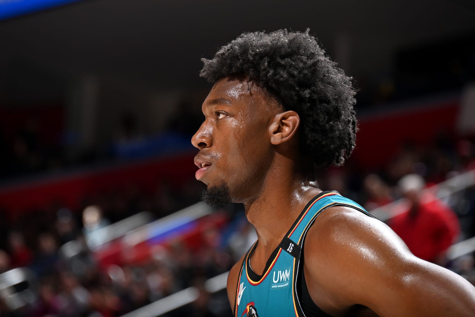 DETROIT, MI - FEBRUARY 25: James Wiseman #13 of the Detroit Pistons looks on during the game against the Toronto Raptors on February 25, 2023 at Little Caesars Arena in Detroit, Michigan. NOTE TO USER: User expressly acknowledges and agrees that, by downloading and/or using this photograph, User is consenting to the terms and conditions of the Getty Images License Agreement. Mandatory Copyright Notice: Copyright 2023 NBAE (Photo by Chris Schwegler/NBAE via Getty Images)