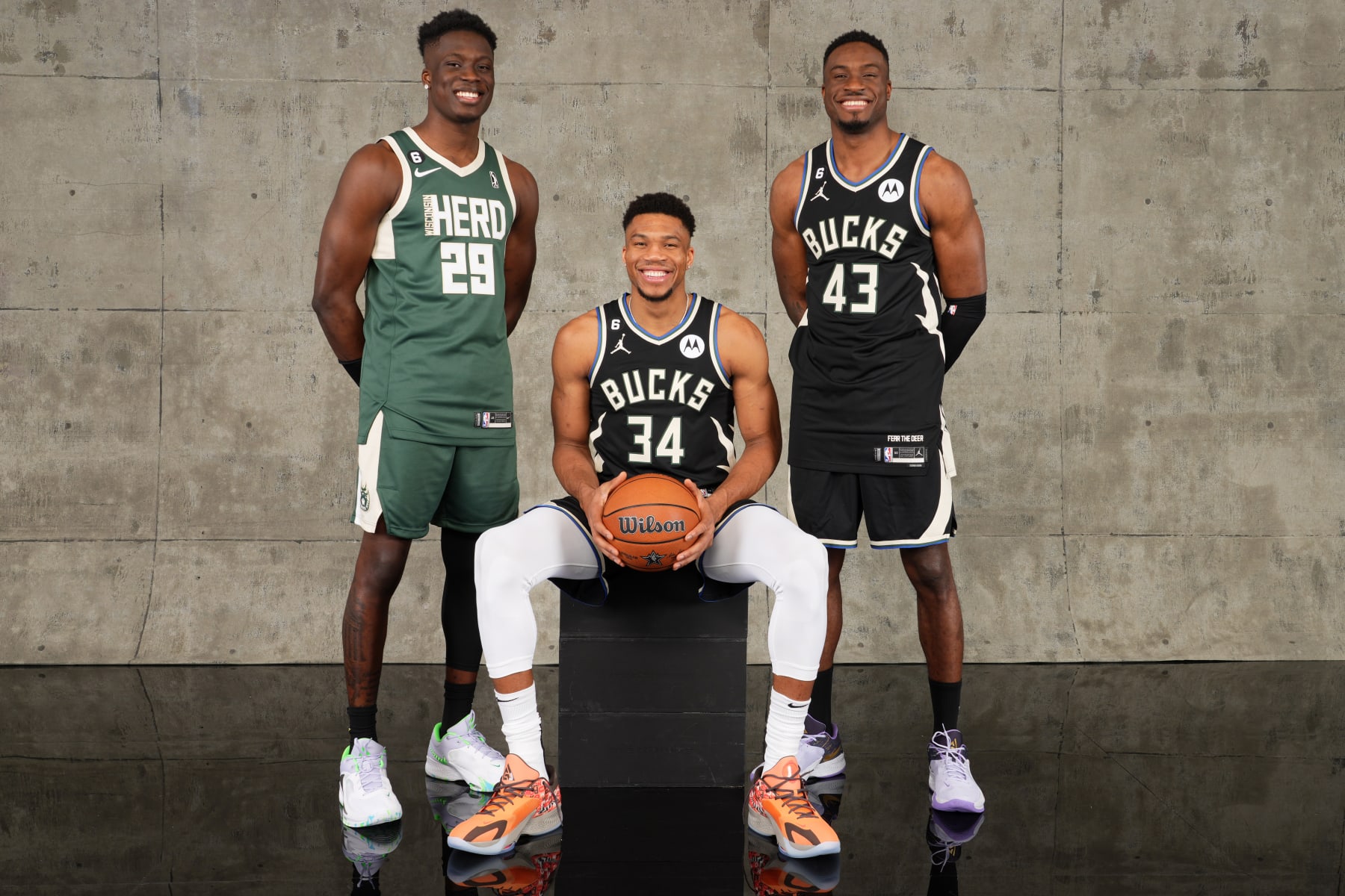 SALT LAKE CITY, UT - FEBRUARY 18: Alex Antetokounmpo #29 of the Wisconsin Herd, Giannis Antetokounmpo #34 of the Milwaukee Bucks and Thanasis Antetokounmpo #43 of the Milwaukee Bucks pose for a portrait during the Kia Skills Challenge as part of 2023 NBA All Star Weekend on Saturday, February 18, 2023 at Vivint Arena in Salt Lake City, Utah. NOTE TO USER: User expressly acknowledges and agrees that, by downloading and/or using this Photograph, user is consenting to the terms and conditions of the Getty Images License Agreement. Mandatory Copyright Notice: Copyright 2023 NBAE (Photo by Jesse D. Garrabrant/NBAE via Getty Images)