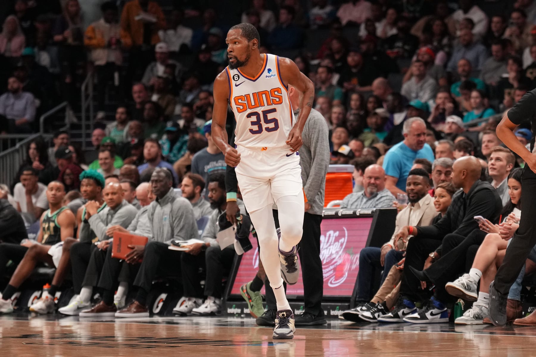 CHARLOTTE, NC - MARCH 1: Kevin Durant #35 of the Phoenix Suns runs up court against the Charlotte Hornets on March 1, 2023 at Spectrum Center in Charlotte, North Carolina. NOTE TO USER: User expressly acknowledges and agrees that, by downloading and or using this photograph, User is consenting to the terms and conditions of the Getty Images License Agreement. Mandatory Copyright Notice: Copyright 2023 NBAE (Photo by Jesse D. Garrabrant/NBAE via Getty Images)