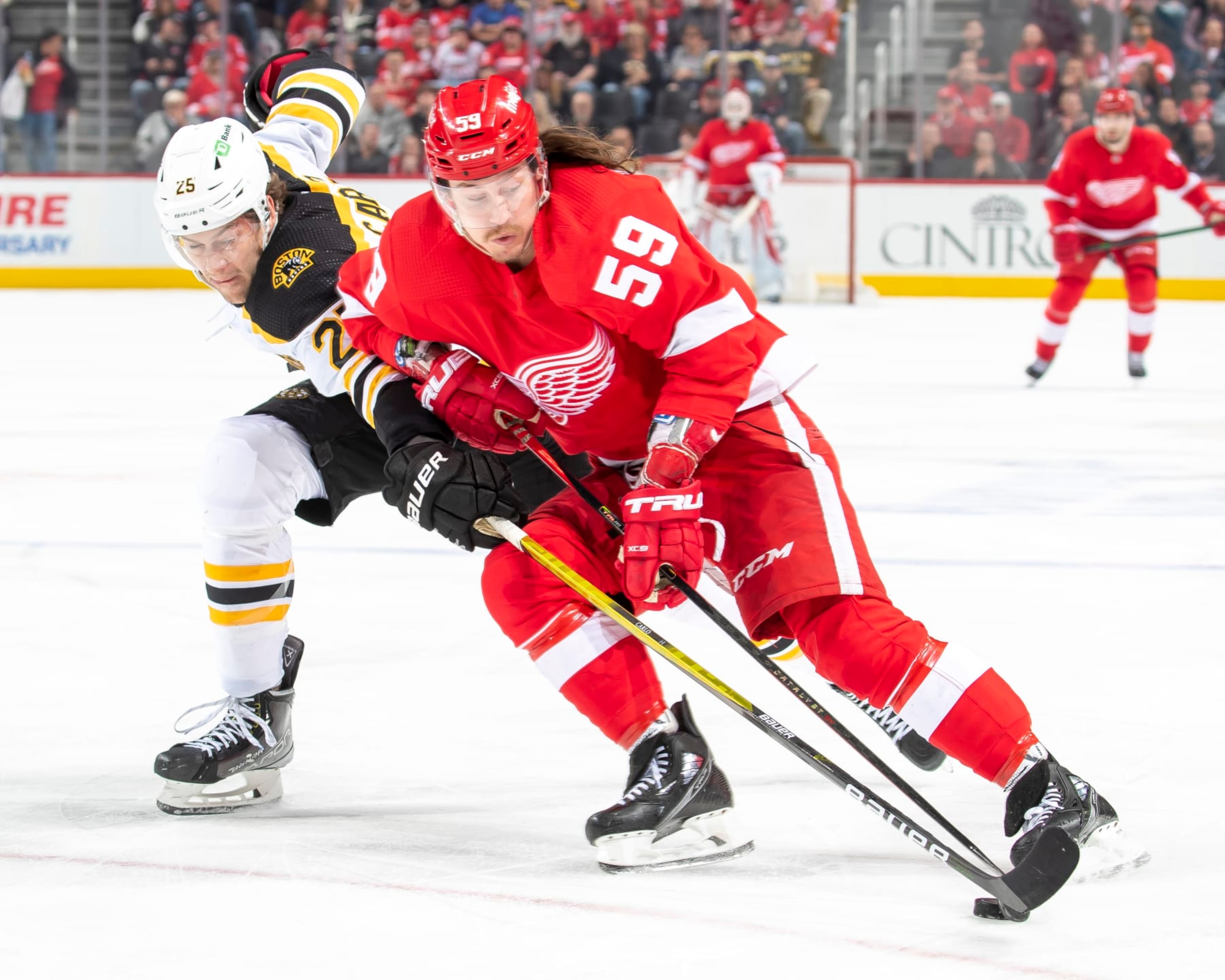 DETROIT, MI - APRIL 05: Brandon Carlo (25) of the Boston Bruins and Tyler Bertuzzi (59) of the Detroit Red Wings fight for the puck during the first period of an NHL game at Little Caesars Arena on April 5, 2022 in Detroit, Michigan. (Photo by Dave Reginek/NHLI via Getty Images)