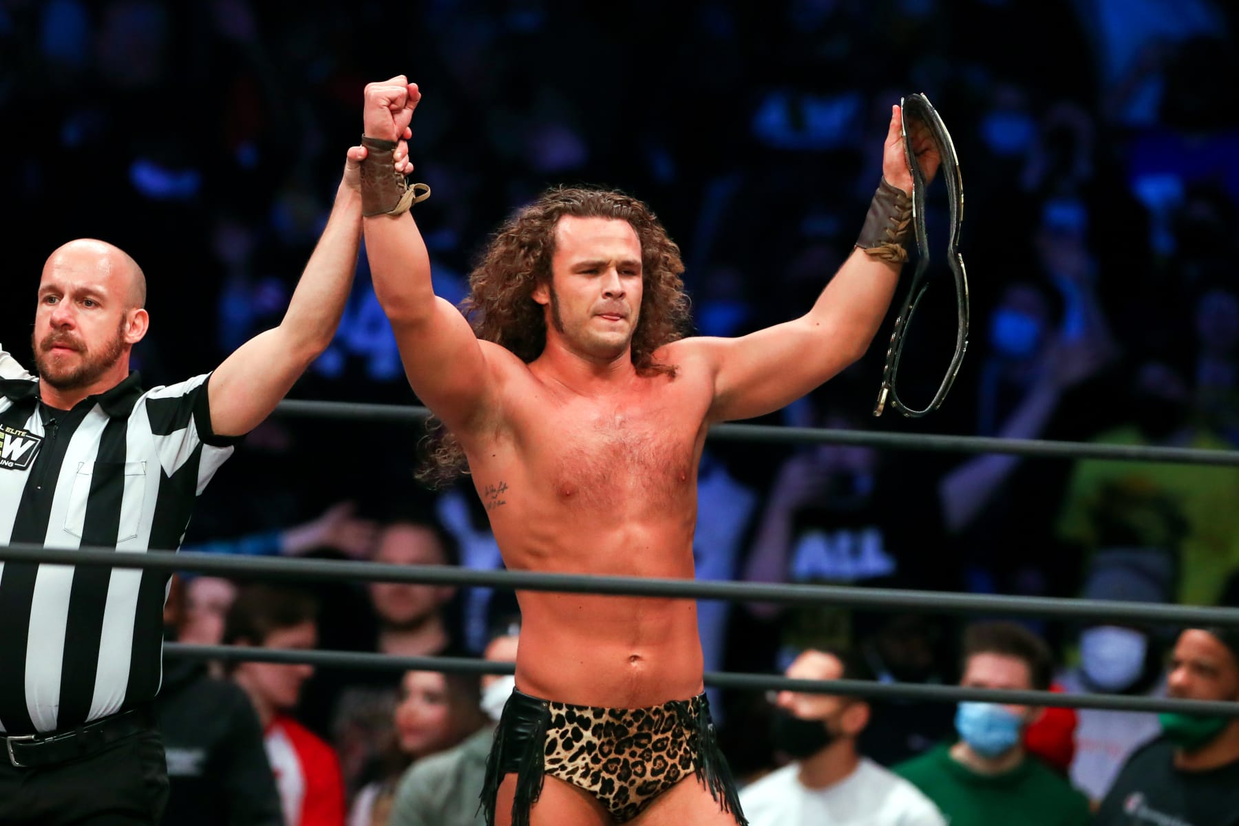CLEVELAND, OH - JANUARY 26: Jungle Boy has his hand raised following his match during the AEW Dynamite - Beach Break taping on January 26, 2022, at the Wolstein Center in Cleveland, OH. (Photo by Frank Jansky/Icon Sportswire via Getty Images)